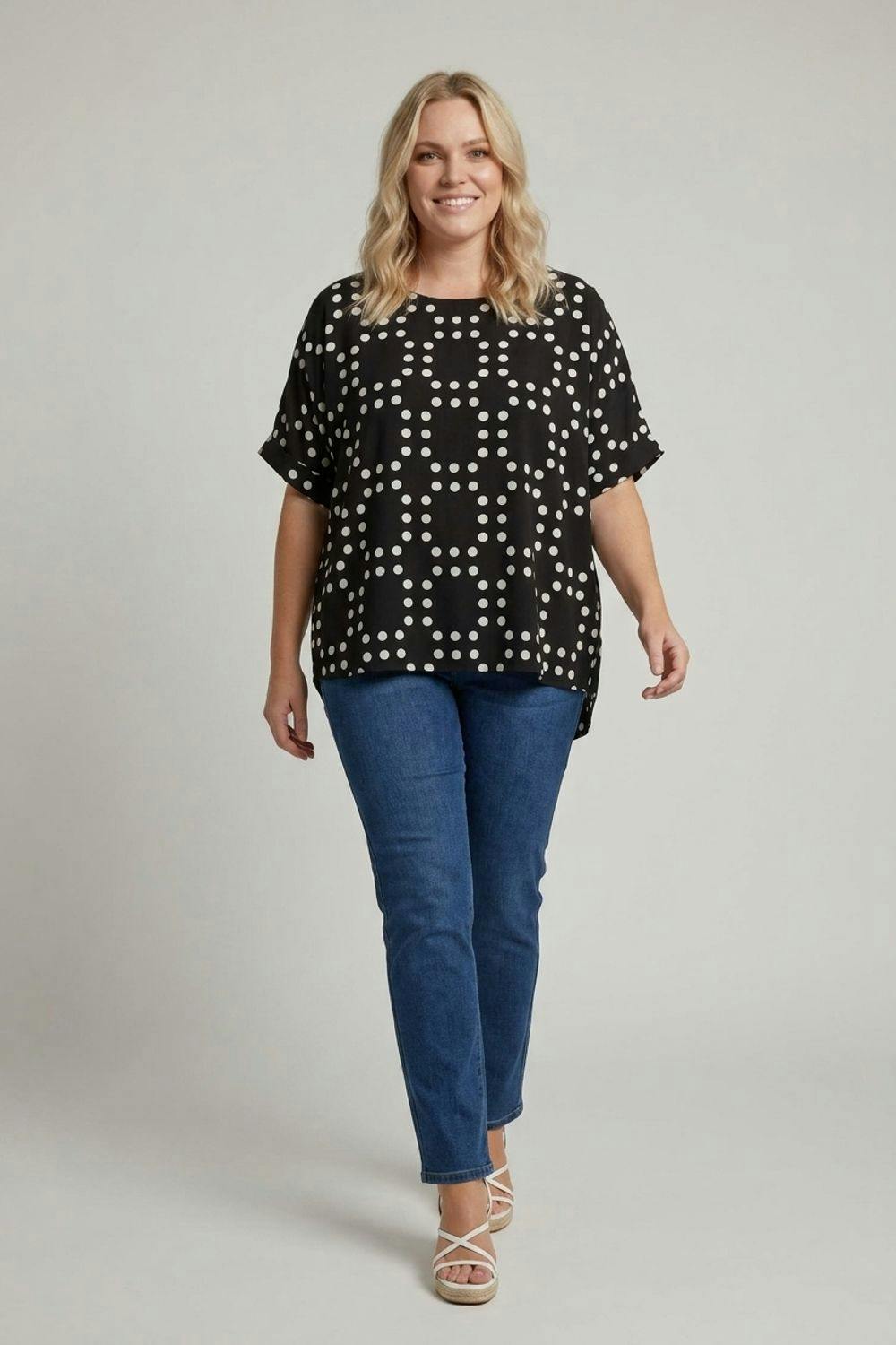 Izabel London Black Curve Polka Dot Short Sleeve Blouse - 24