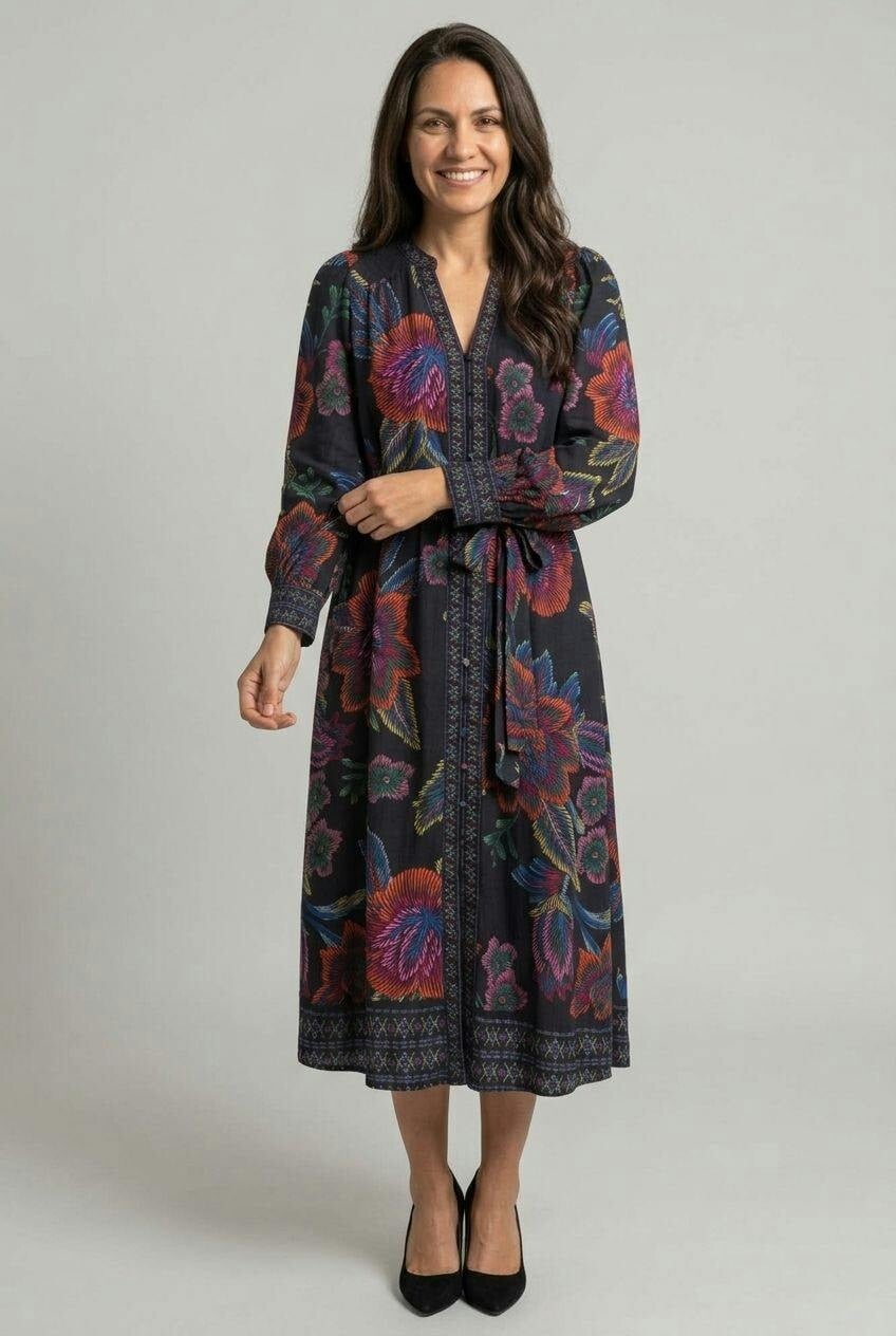 Izabel London Floral Long Sleeve Tie A-Line Midi Dress - 12 - Navy