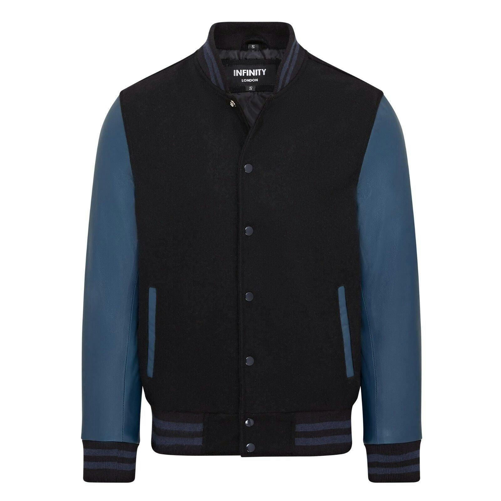 Infinity Leather Black/Blue Letterman Baseball Wool Leather Varsity Bomber Jacket - Genoa - Uk Xl | Eu 52 | Us 42