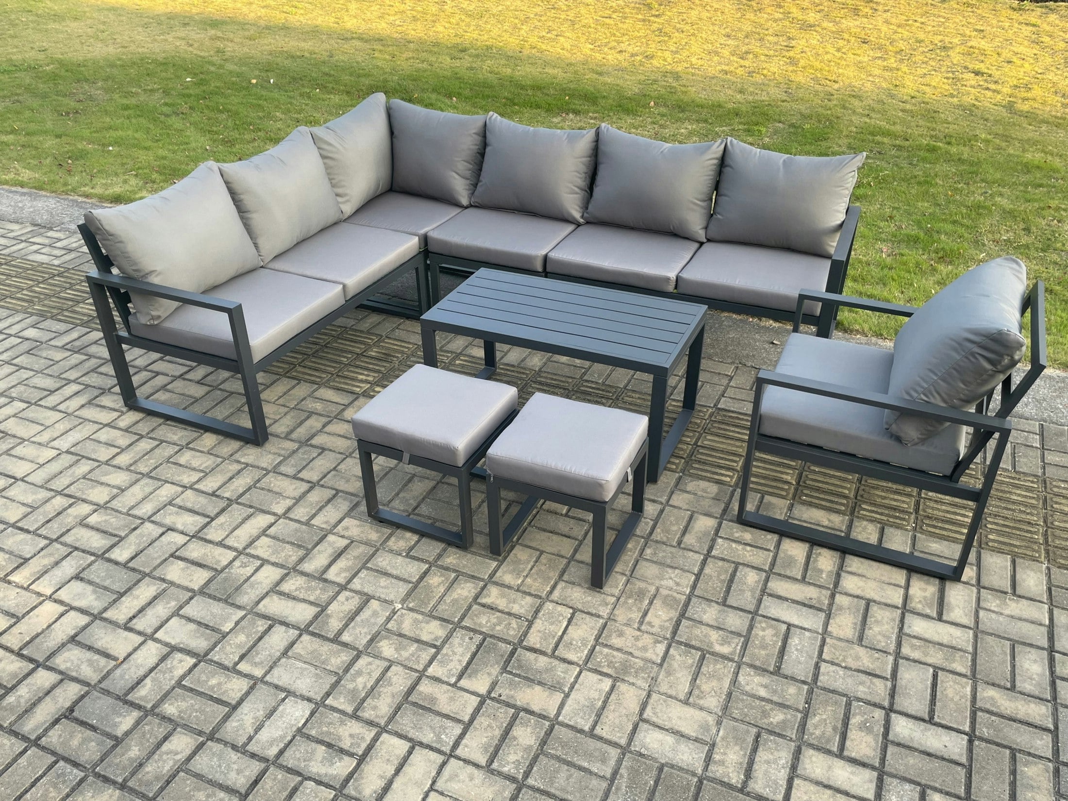 Fimous Dark/Grey Aluminium Garden Furniture Set Outdoor Indoor Lounge Corner Sofa Chair Oblong Coffee Table Sets With 2 Small Footstools