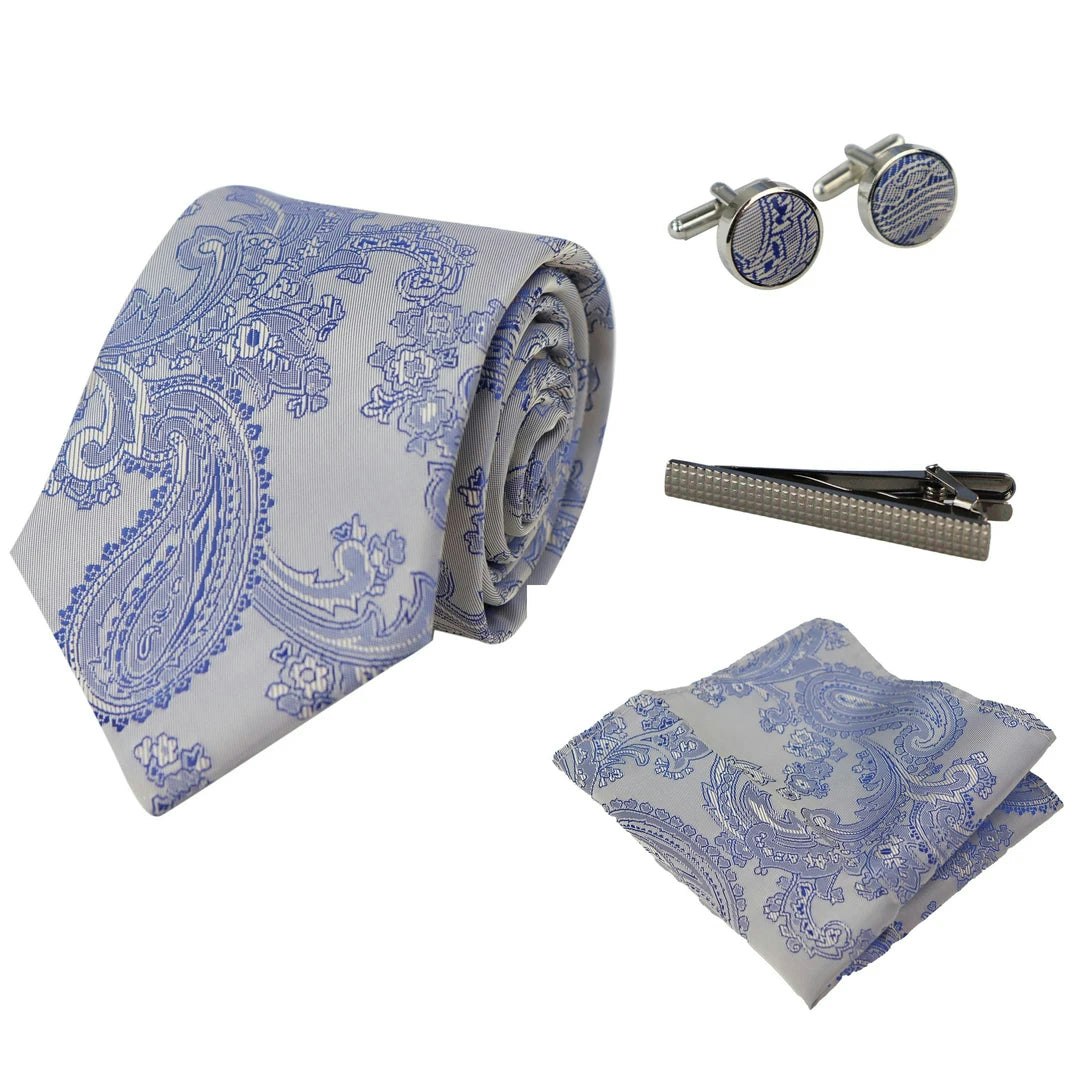 Paul Andrew Blue Paisley Neck Tie Gift Set Pocket Square Cuff Links Floral Satin