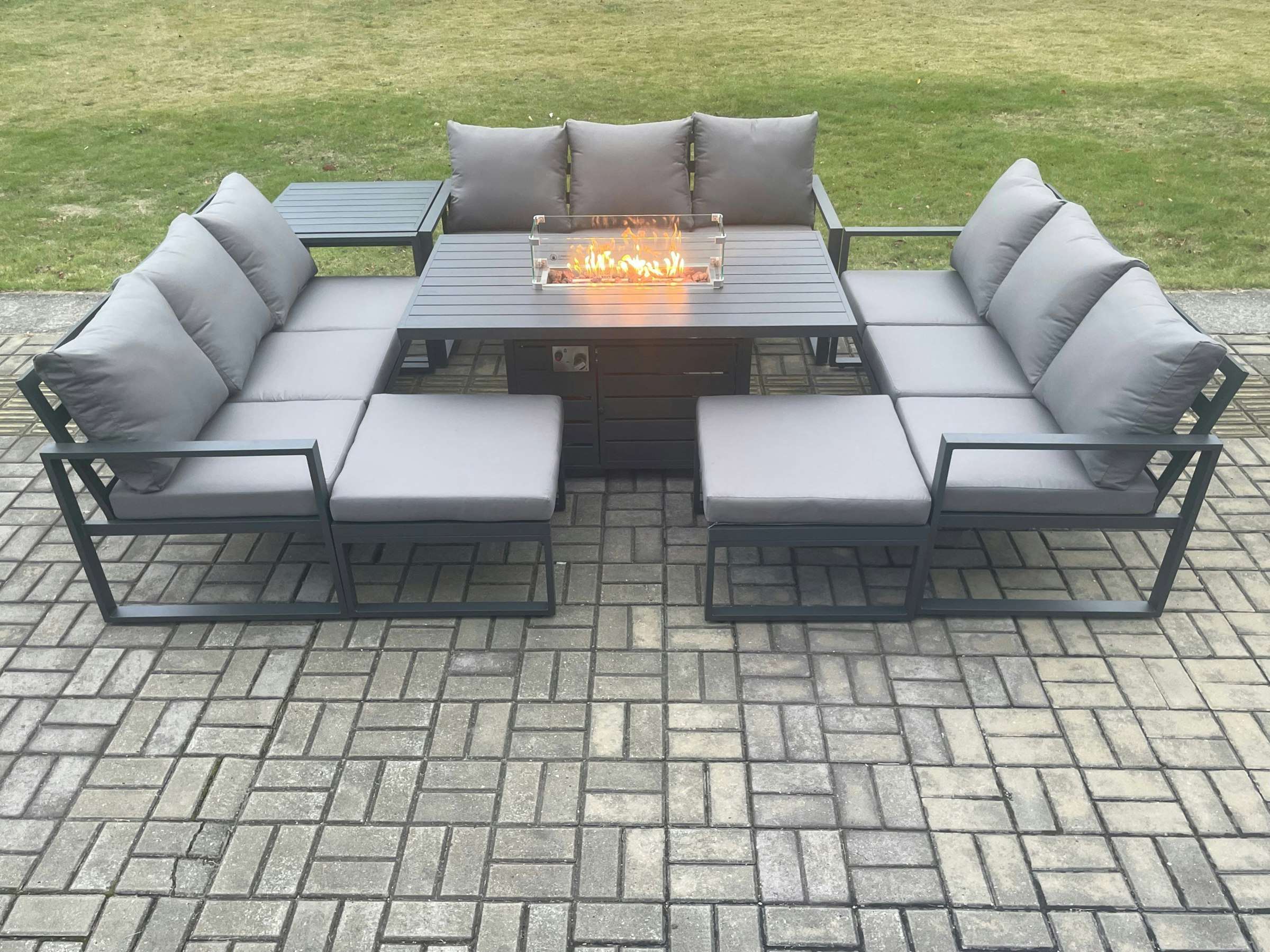 Rackhams Dark/Grey Aluminium 11 Seater Garden Furniture Outdoor Set Patio Lounge Sofa Gas Fire Pit Dining Table Set With 2 Big Footstools Side Table