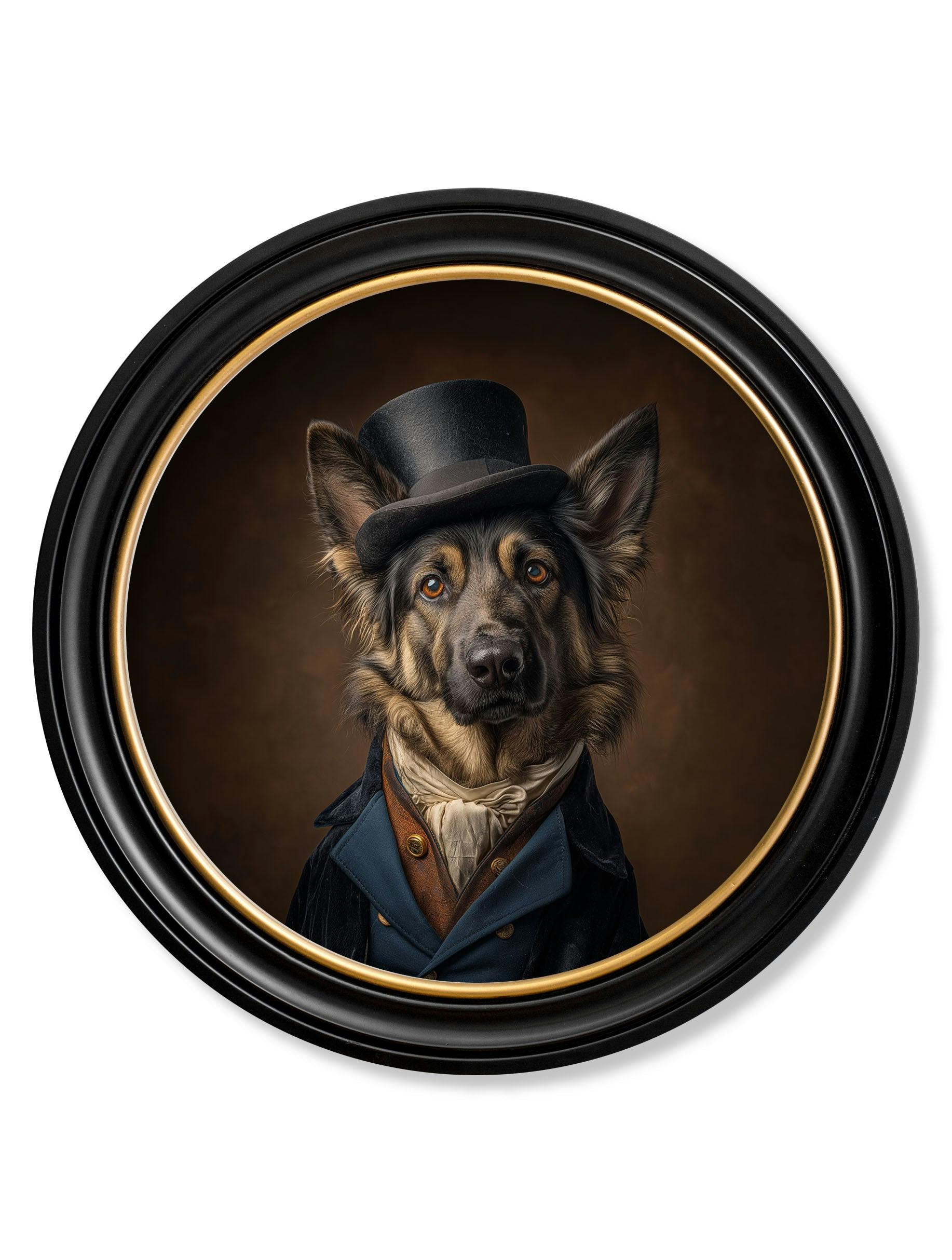 Rackhams Black/Gold/Brown Count Von Shepherd - Gentleman German Shepherd Oxford Round Frame - 70 X 70Cm