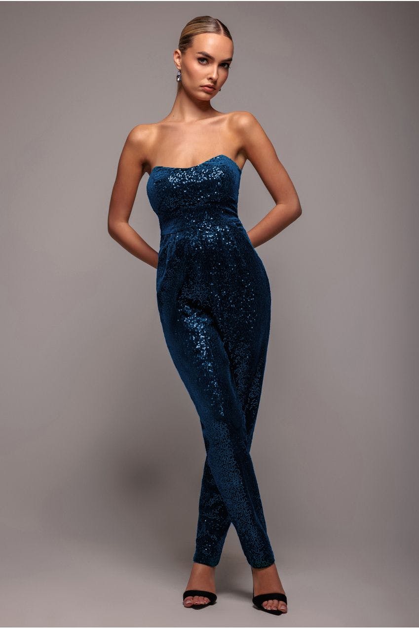 Goddiva Blue Sequin & Velvet Corset Jumpsuit - By - 16