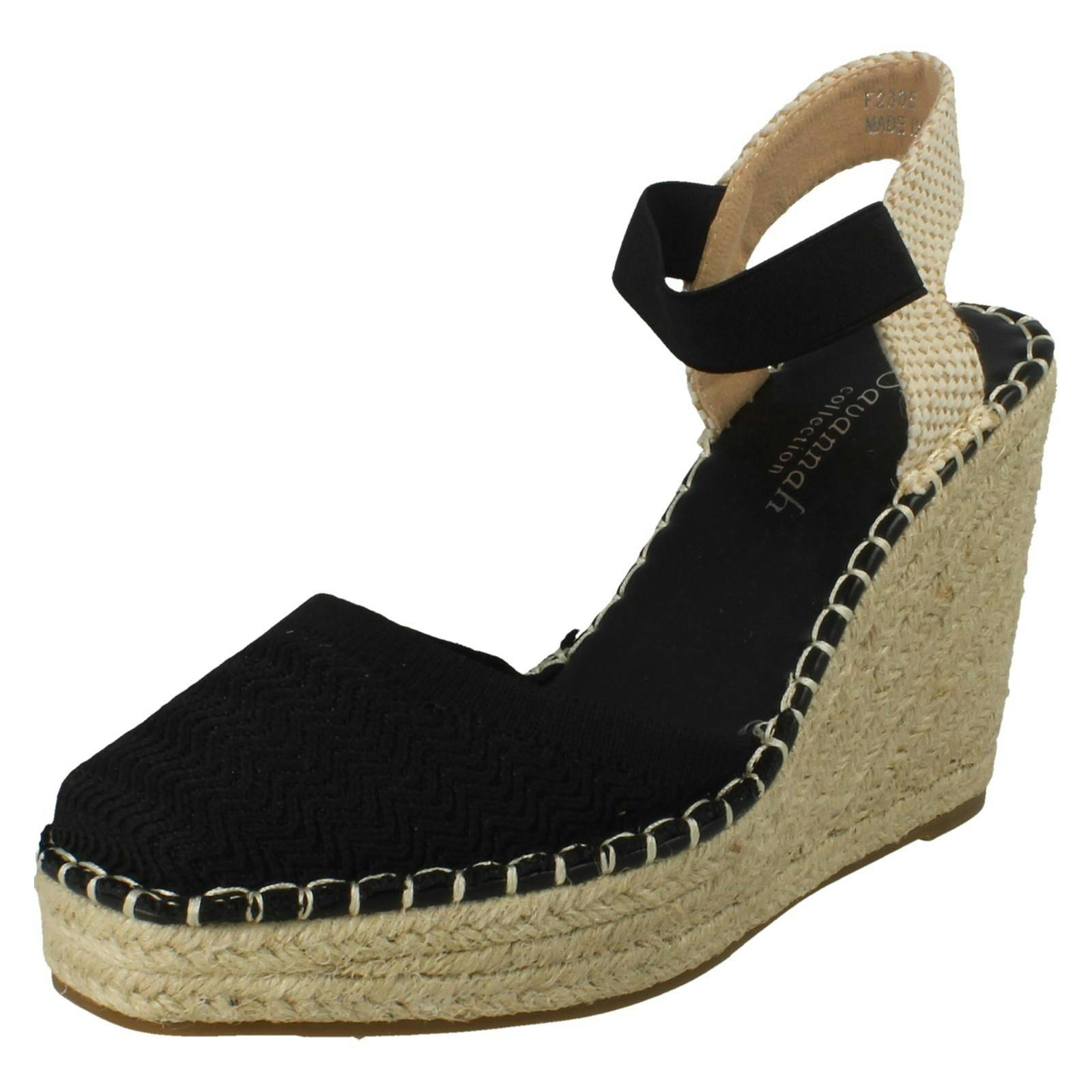 Savannah Women's Black High Wedge Espadrille Slip On Summer Shoes Sandals F2305 - Uk 8