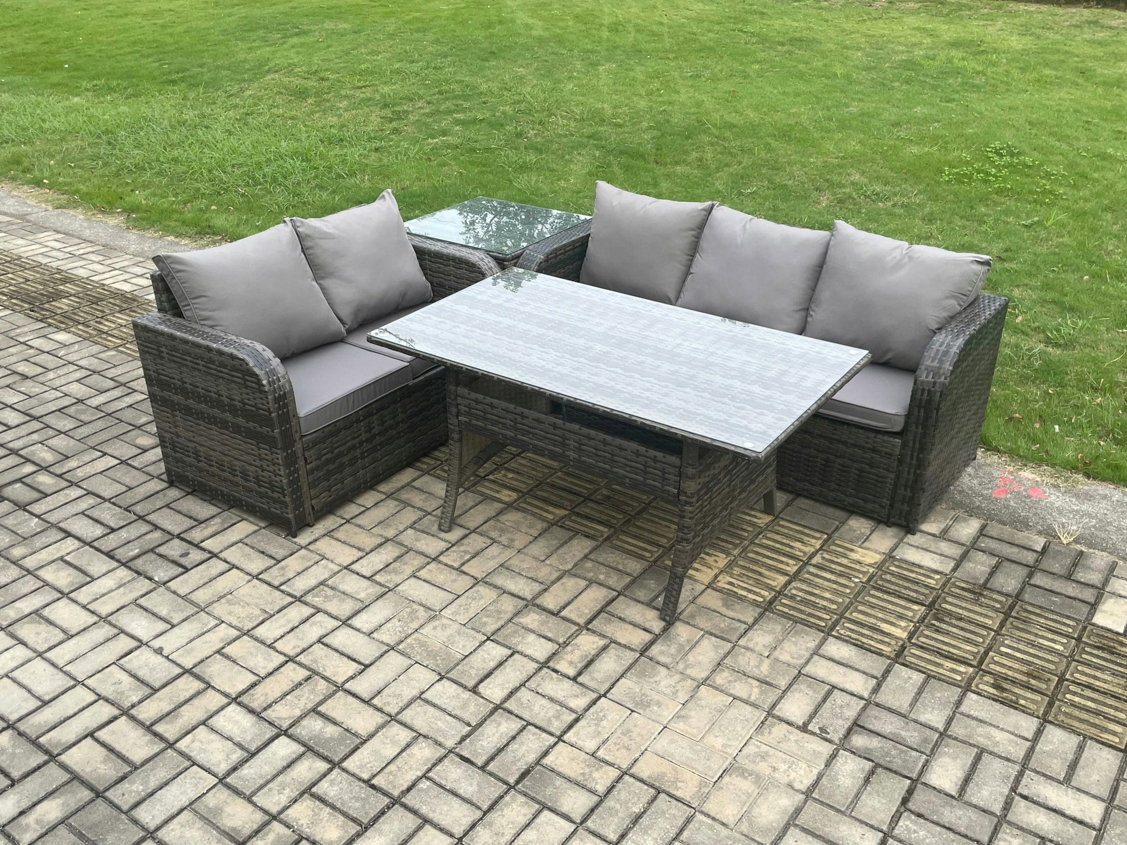 Rackhams Dark/Grey Outdoor Garden Patio Furniture Wicker Rattan Oblong Rectangular Dining Table And Lounge Sofa Set With Side Table Mixed