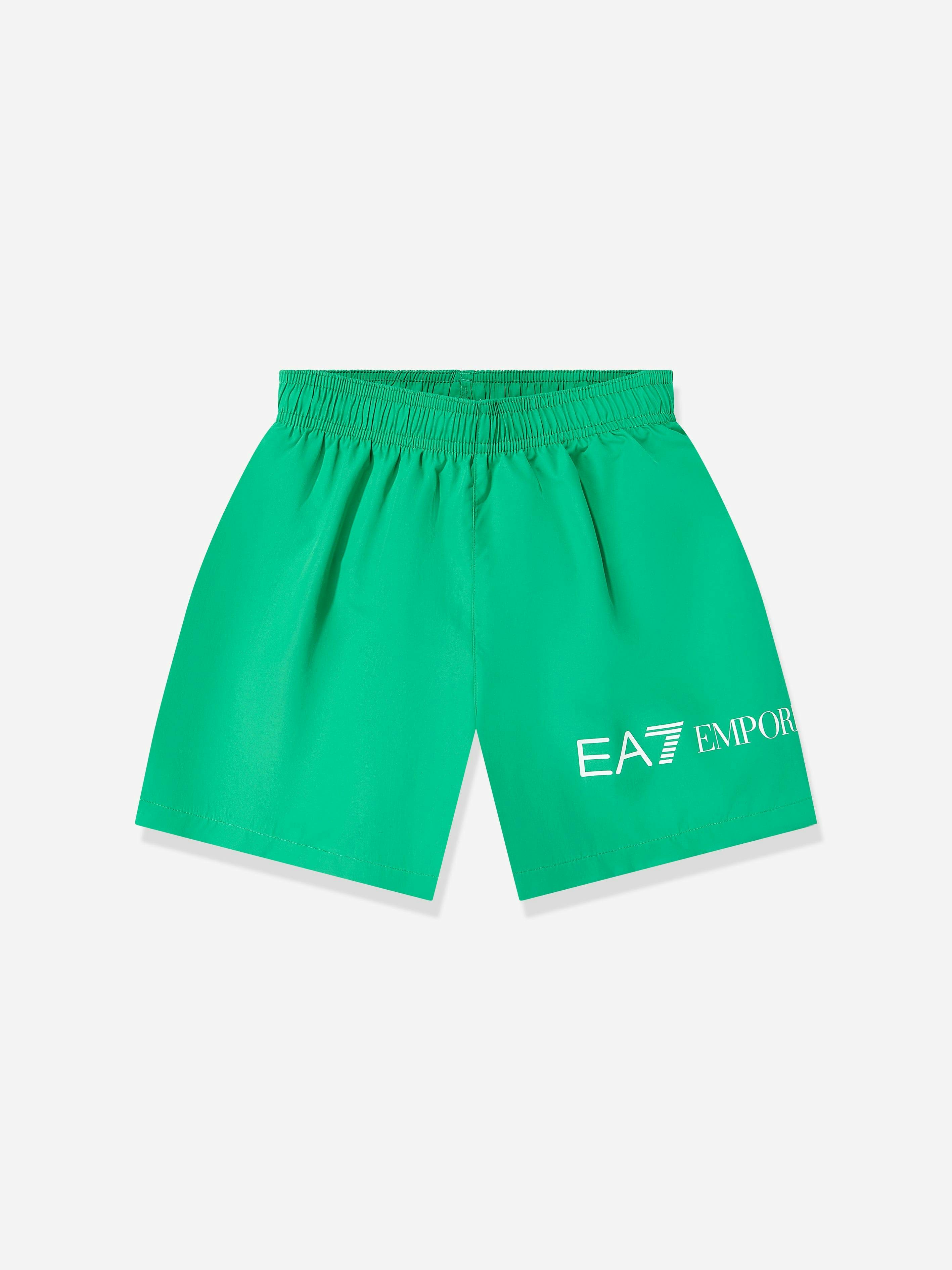 Ea7 Emporio Armani Boys Green Extended Logo Swim Shorts In - 14 Yrs
