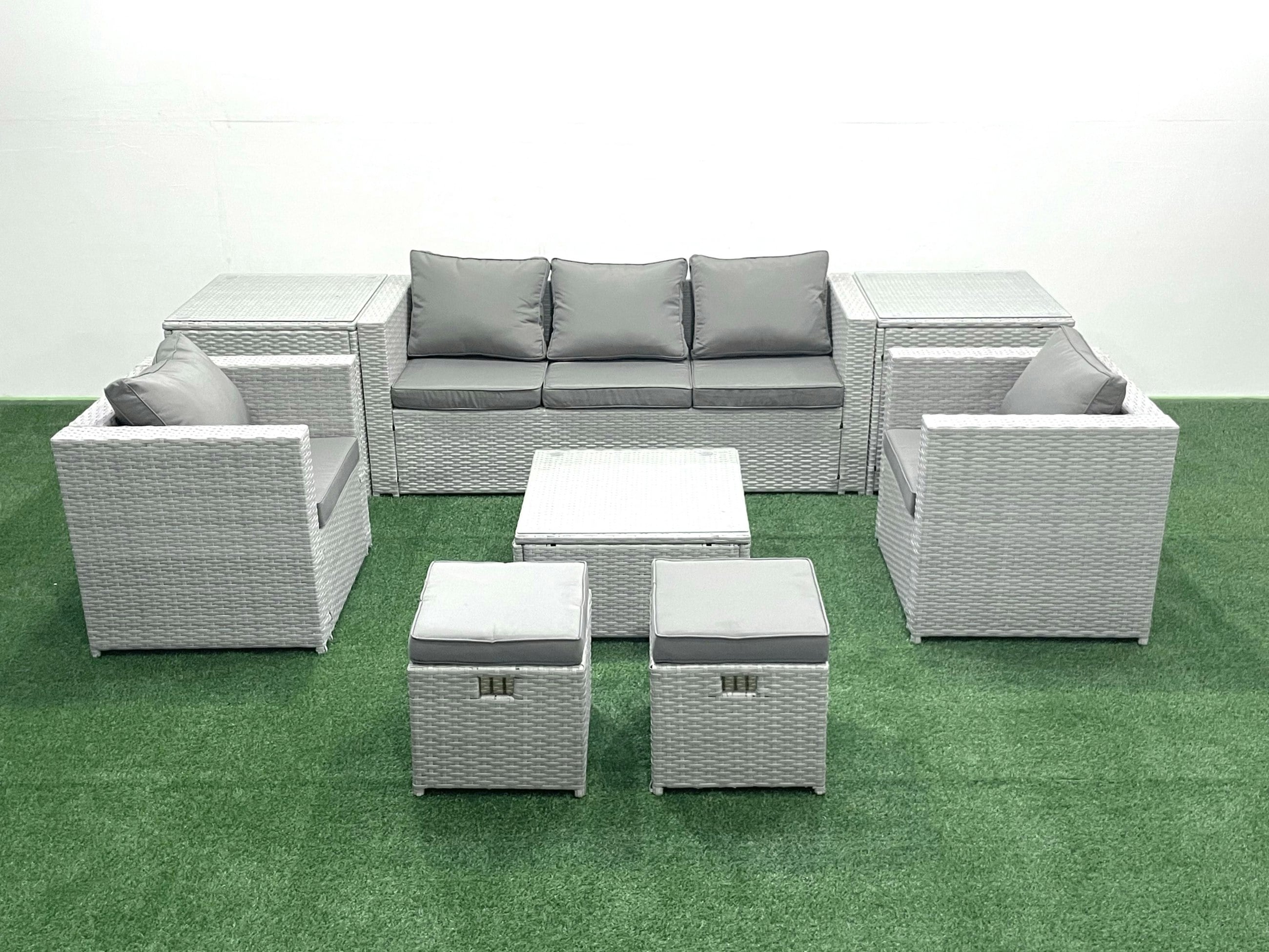 Fimous Light/Grey 7 Seater Rattan Garden Furniture Set With 3 Seater Sofa 2 Chair Square Coffee Table 2 Small Footstools 2 Side Tables Mixed