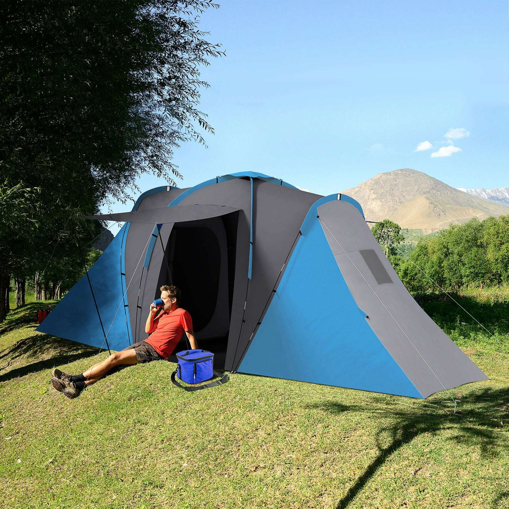Outsunny Grey/Blue 4-6 Man Camping Tent With 2 Bedroom And Living Area, And