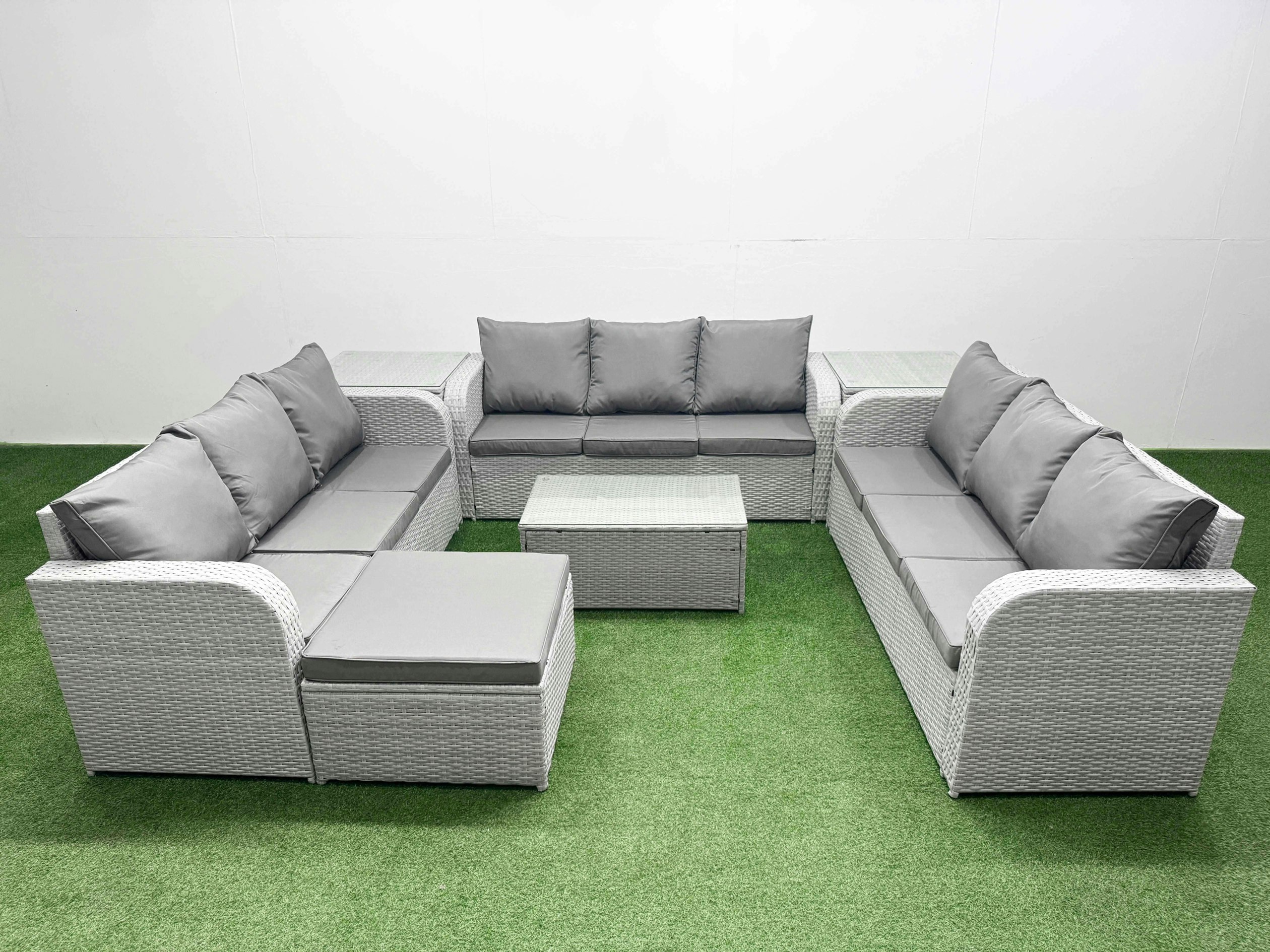 Rackhams Light/Grey 10-Seater Pe Rattan Outdoor Lounge Set | Rectangular Coffee Table, 3-Seater Sofa, Large Footstool, 2 Side Tables