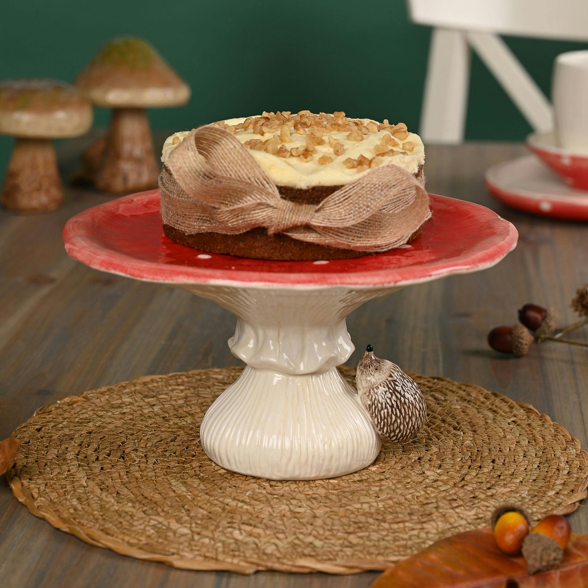 Rackhams Red/Cream Toadstool & Hedgehog Cake Stand - 12.3 X 22.2 X 23 Cm