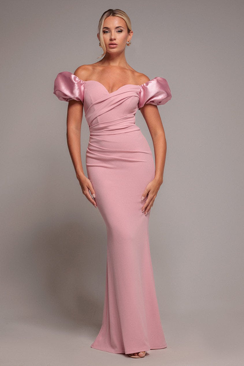 Goddiva Pink Puffy Satin Sleeve Scuba Maxi Dress - Blush By - Blush - 14