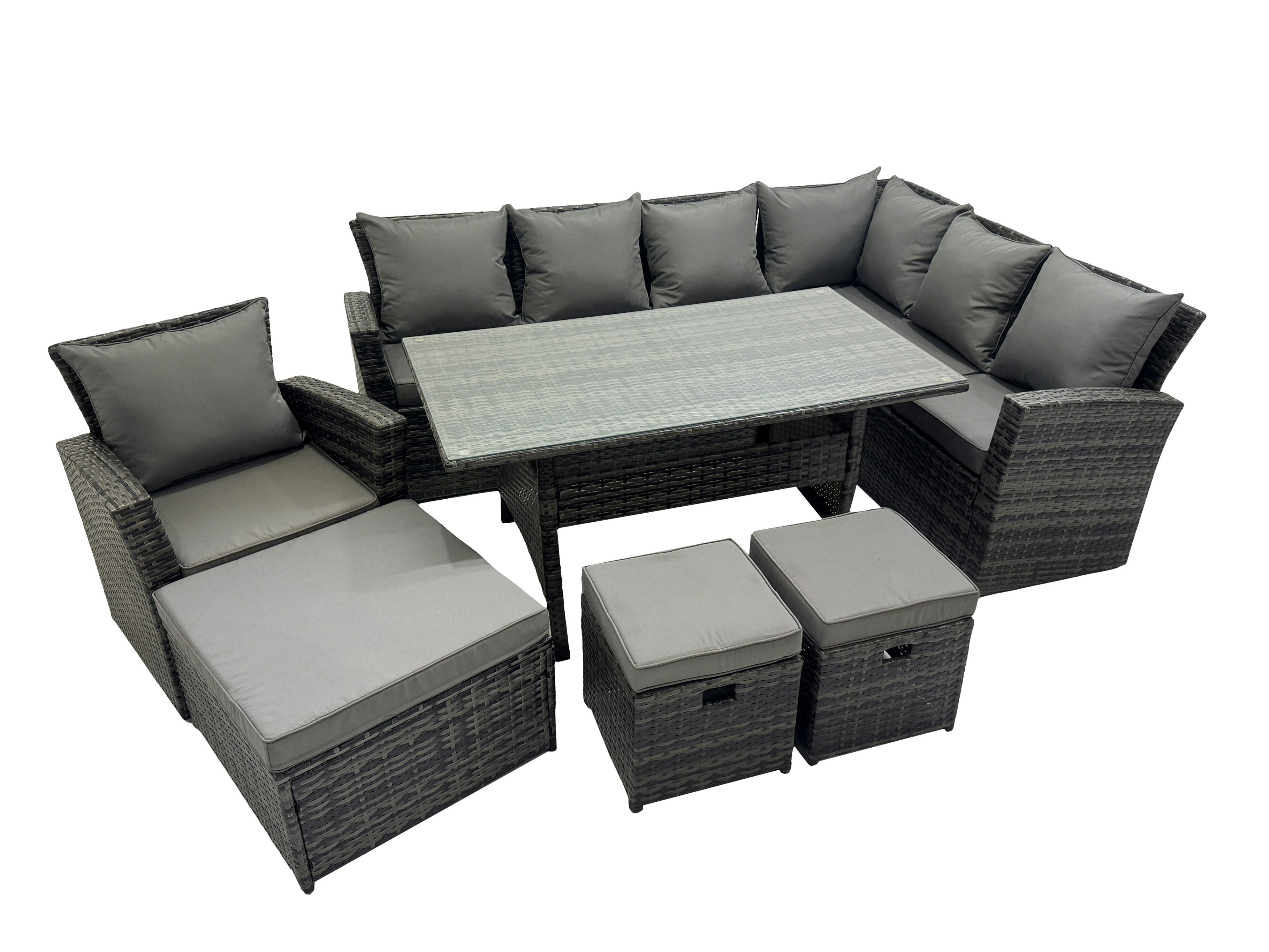 Fimous Dark/Grey Rattan Garden Furniture Set Outdoor 10 Seater Patio Dining Corner Sofa Sets With Dining Table Chair Mixed
