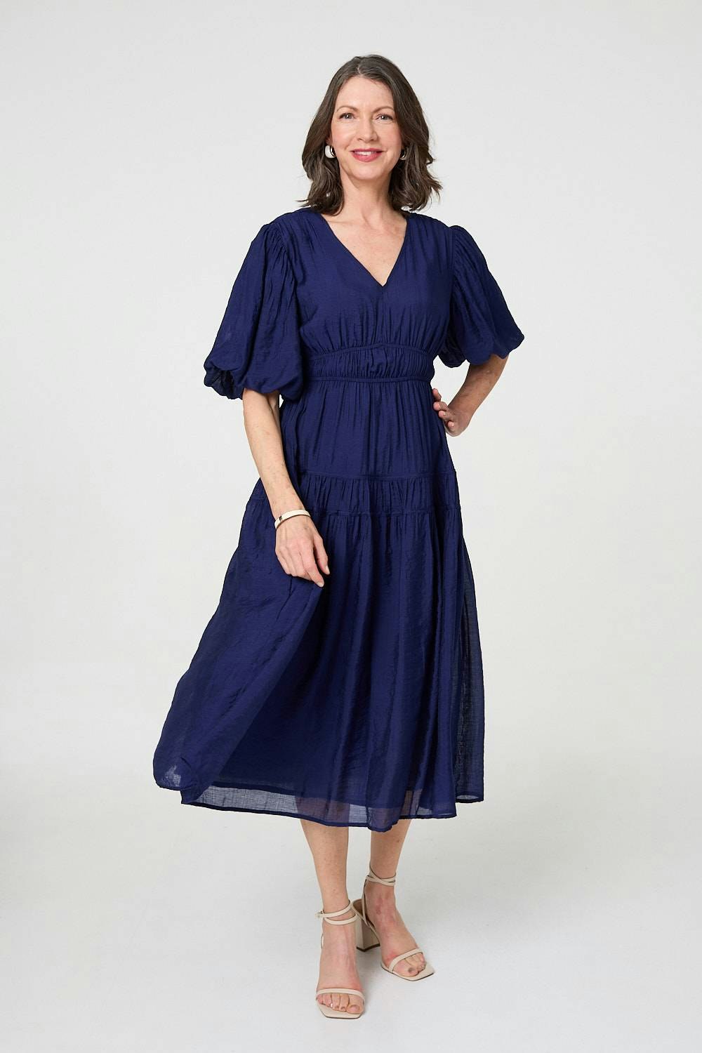 Izabel London Printed 1/2 Sleeve Empire Maxi Dress - Navy - 8