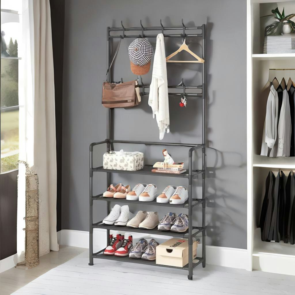 Rackhams Black Industrial Metal Hall Tree Shoe Rack With Clothes Hangers