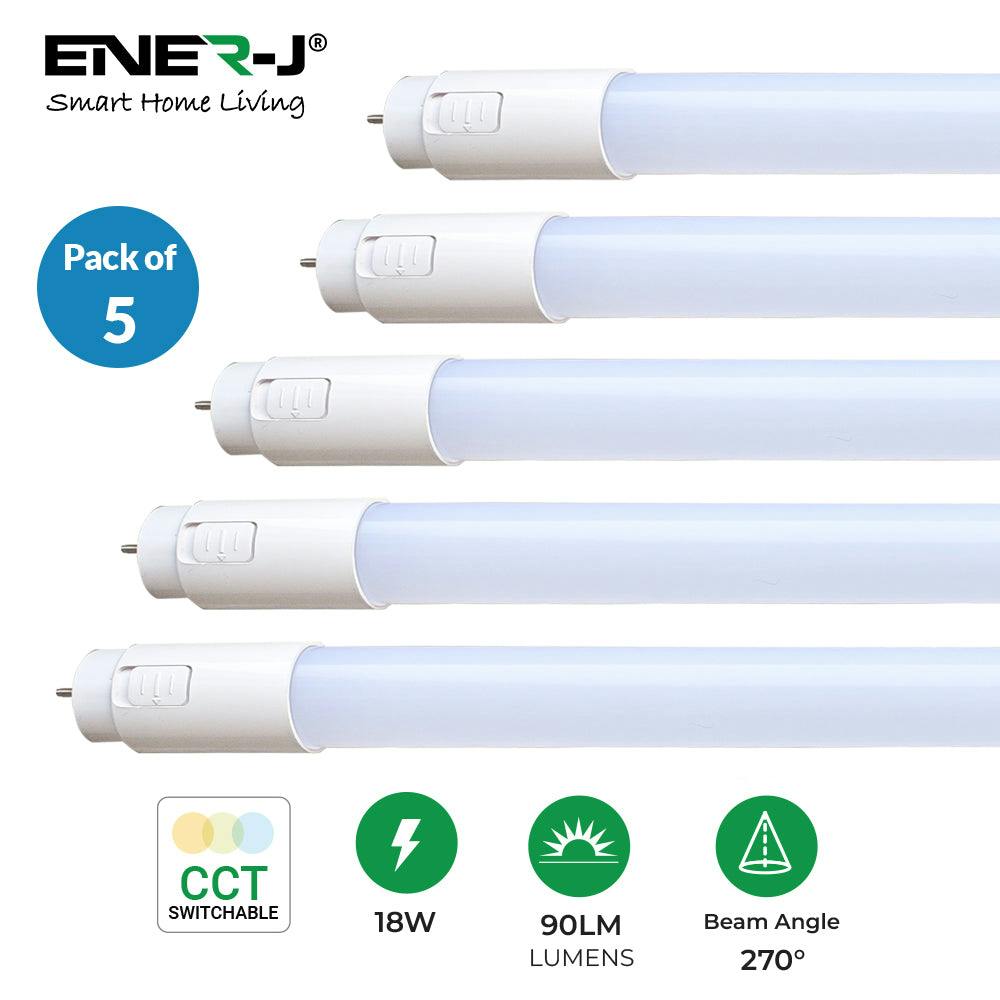 Rackhams White/Light 5-Pack 4Ft (120Cm) T8 Led Nano Plastic Tubes, 18W, Cct Switchable (3000K/4000K/6000K), Shatterproof