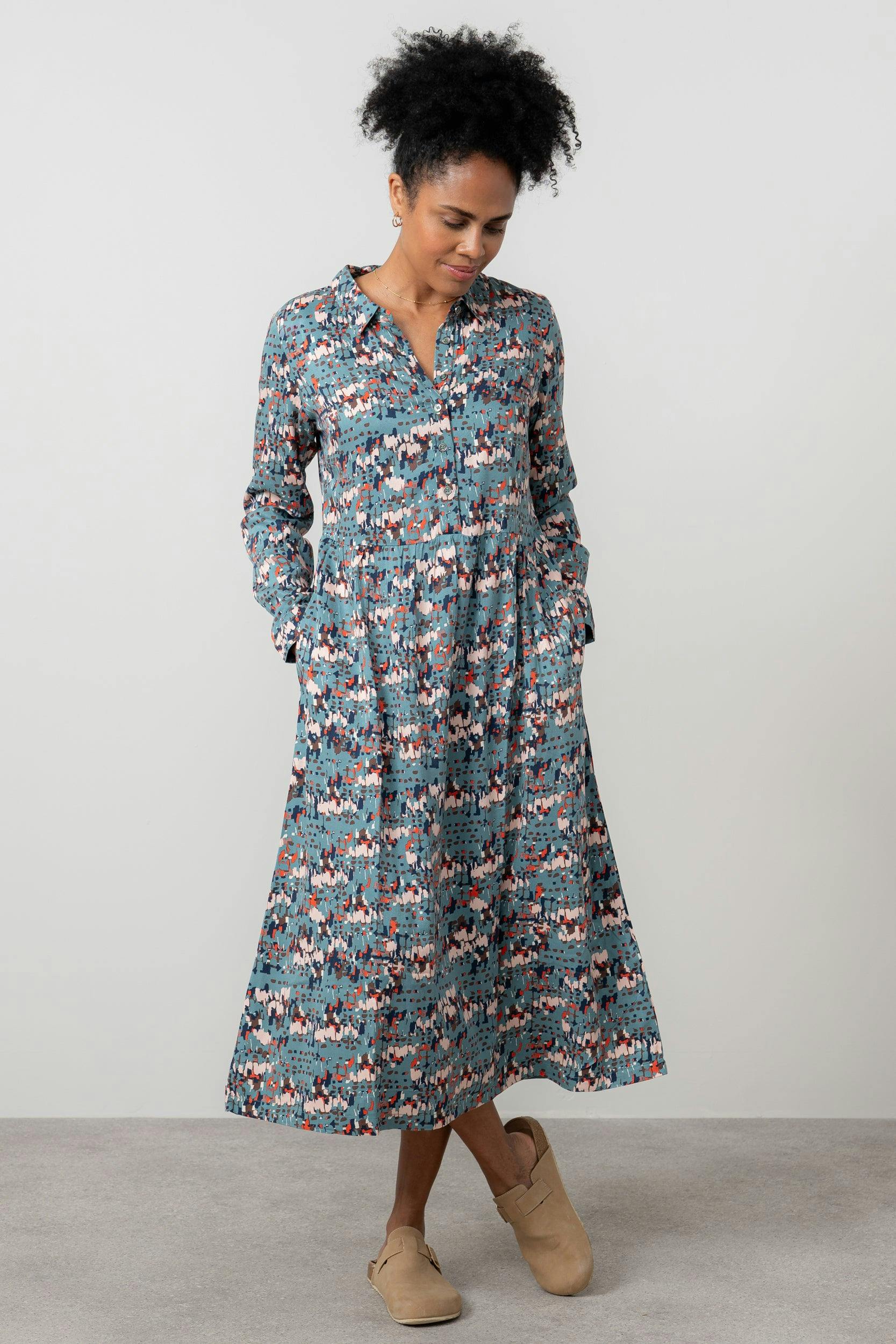 Lily & Me Seasons Geometric Print Midi Shirt Dress Sea Mist - 08 - Sea Mist