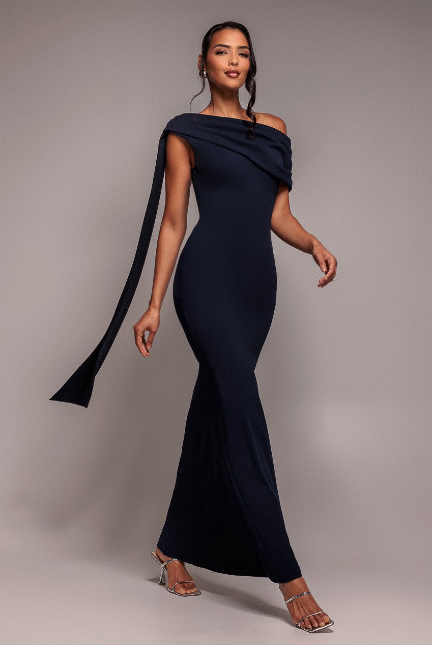 Goddiva Blue Sash One Shoulder Bardot Maxi Dress - Navy By - Navy - 18