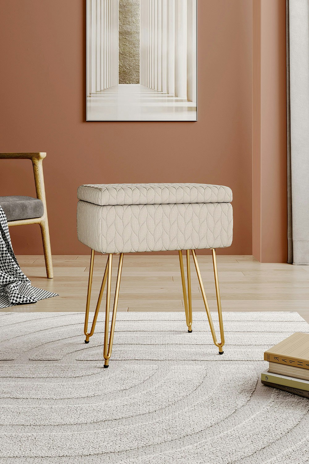 Rackhams Beige Rectangle Upholstered Storage Ottoman Vanity Stool