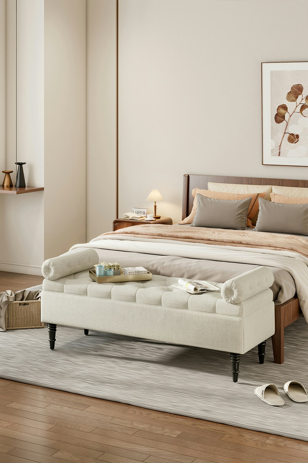 Rackhams Beige Tufted Flip Top Storage Bench With Side Arms