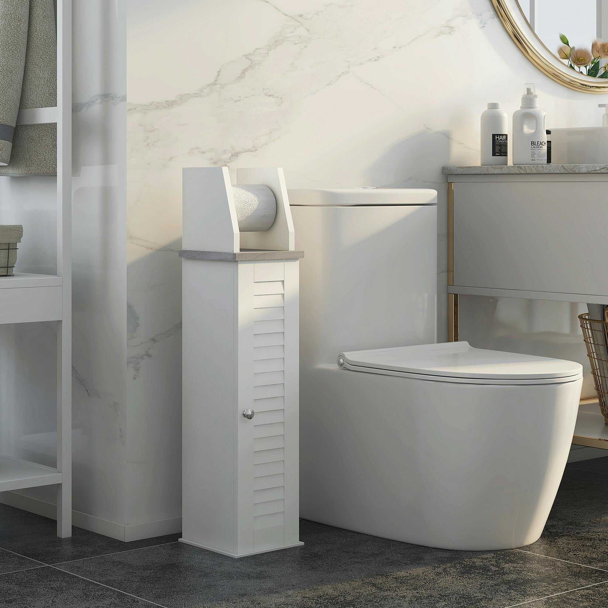 Rackhams White Slim Toilet Roll Storage Unit With Cupboard And Adjustable Shelf, - Image 4