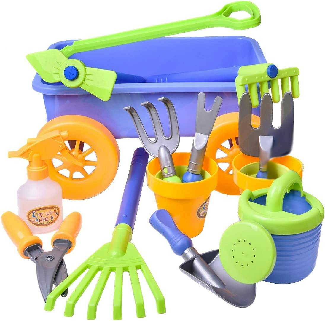 Deao Toys Deao Pull Along Kids Wagon Wheelbarrow And Gardening Tools Play Set Includes 10 Accessories