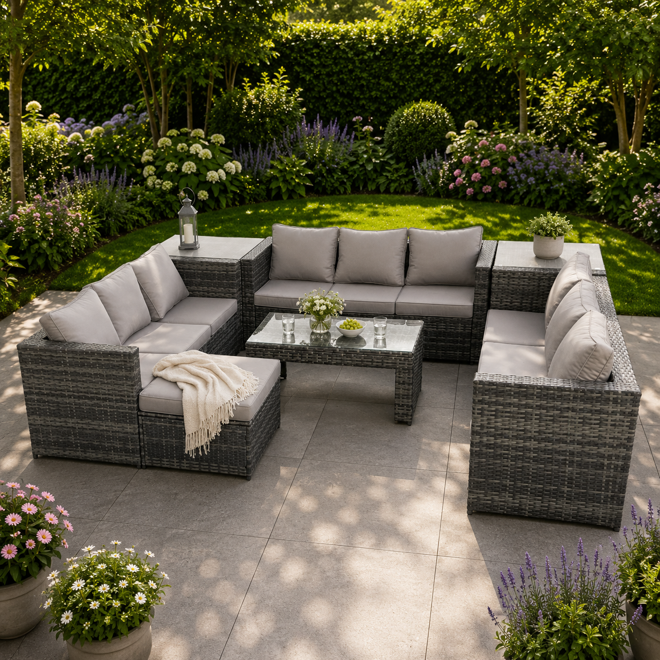 Fimous Dark/Grey Outdoor Garden Furniture Set 10 Seater Rattan Sofa Set With Coffee Table Big Footstool 2 Side Tables Mixed
