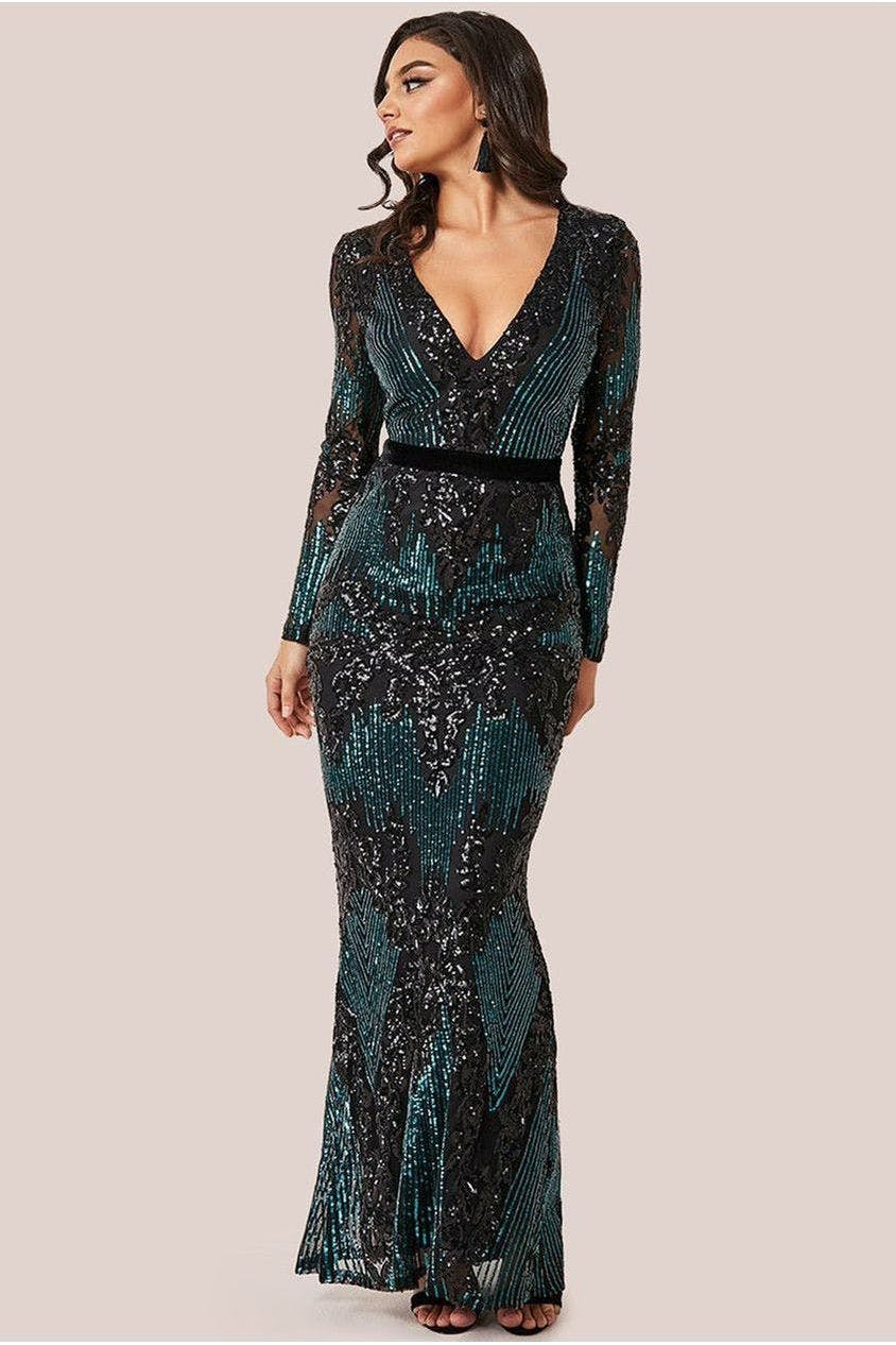 Goddiva Long Sleeve Sequin Evening Maxi Dress - Emerald By - Emerald - 8