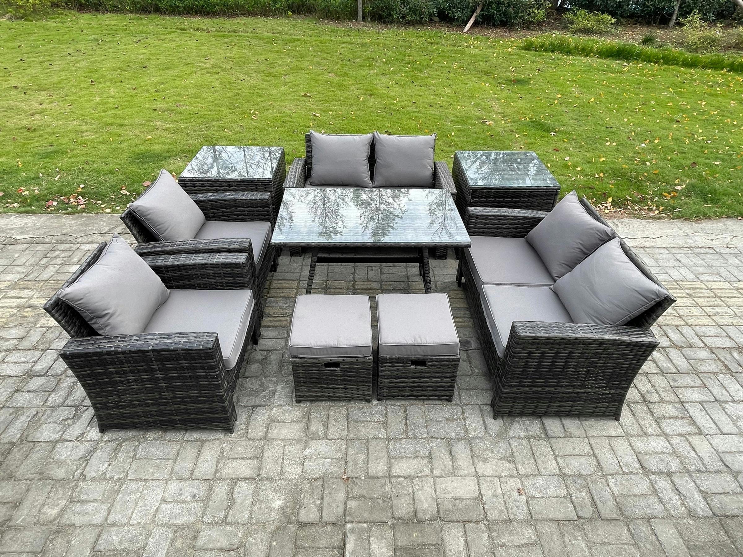 Rackhams Dark/Grey 9 Pieces Garden Furniture Set, Wicker Rattan, Patio Sofa Conversation Set, 2 Small Footstools And 2 Side Tables, Mixed