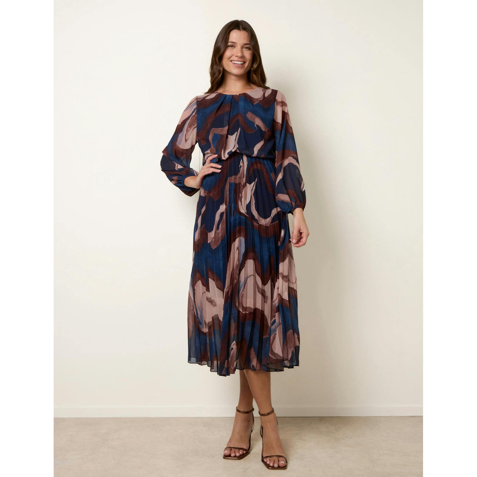 Blue Vanilla Marble Pleated Dress - S - Navy
