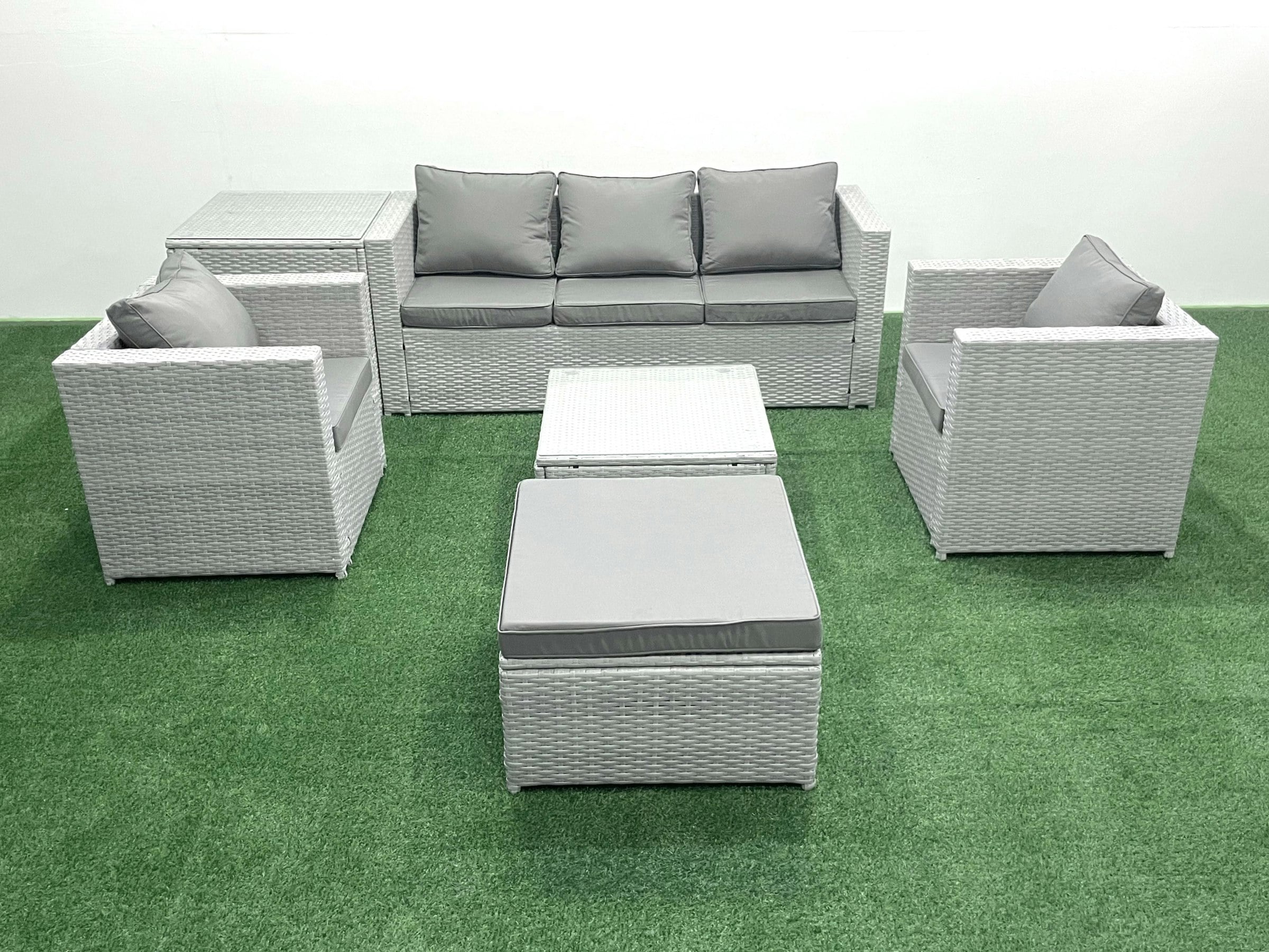 Rackhams Light/Grey 6 Seater Rattan Garden Furniture Set With 3 Seater Sofa 2 Chair Square Coffee Table Big Footstool Side Table Mixed