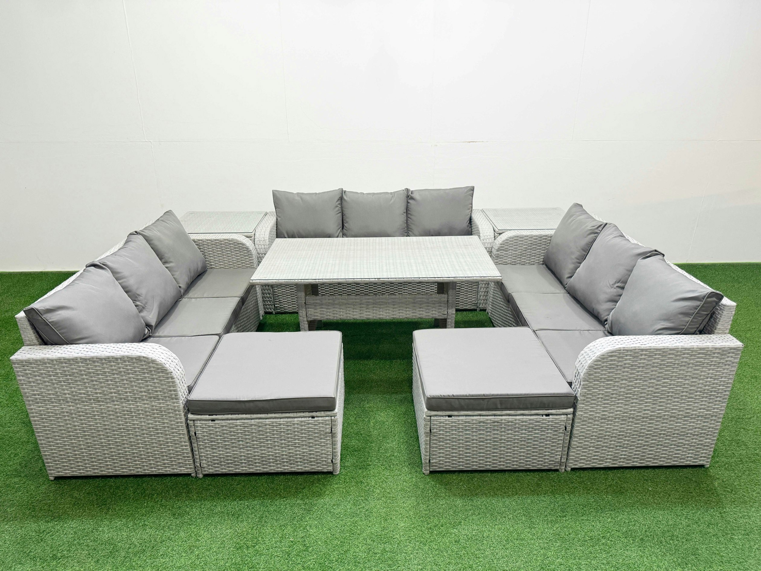 Rackhams Light/Grey 11-Seater Pe Rattan Outdoor Lounge Set | Rectangular Dining Table, 3-Seater Sofa, 2 Footstools, 2 Side Tables Size 3