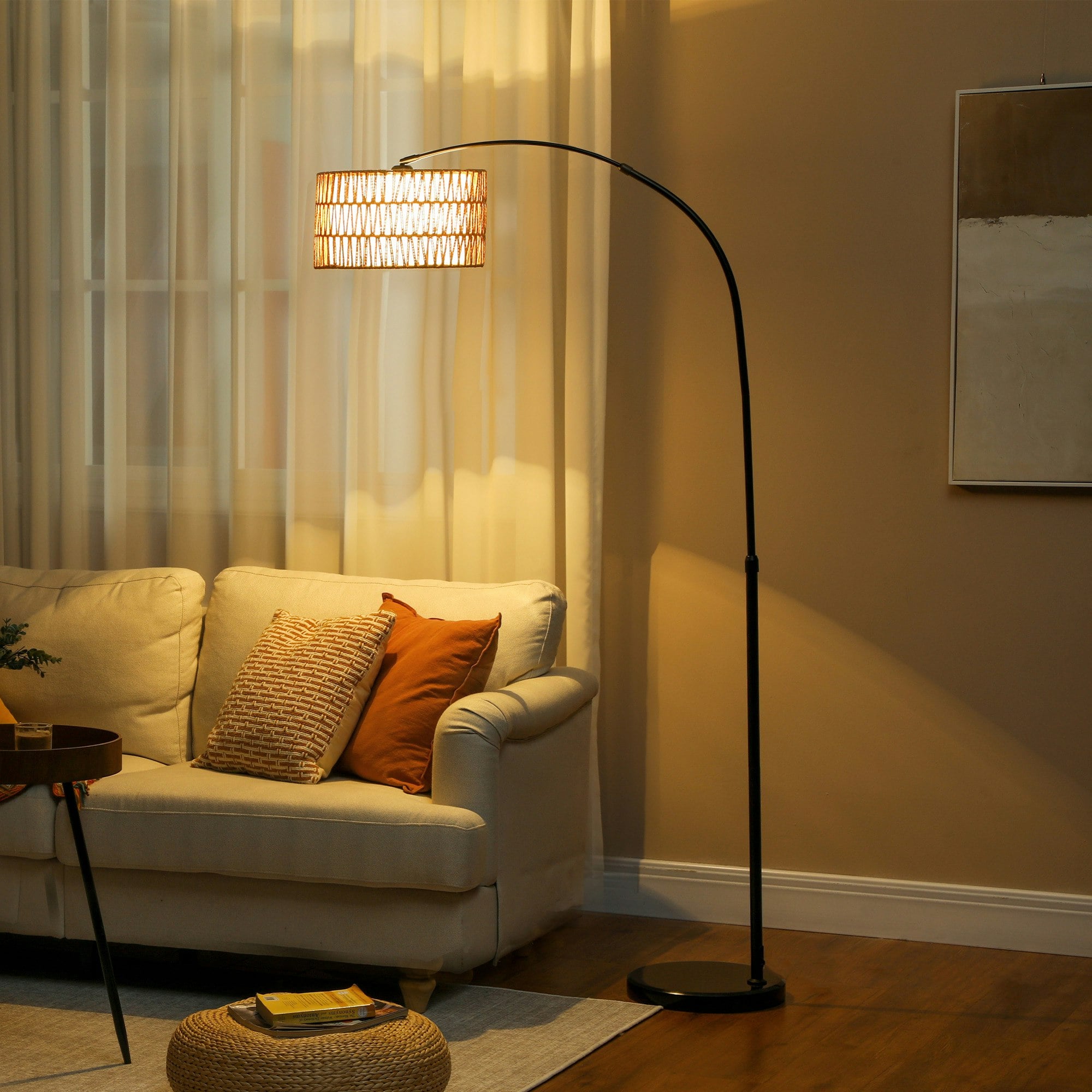Rackhams Black Standing Lamp For Living Room, Floor Lamp With Foot Switch, - No - Metal, Marble, Hemp Rope, Linen