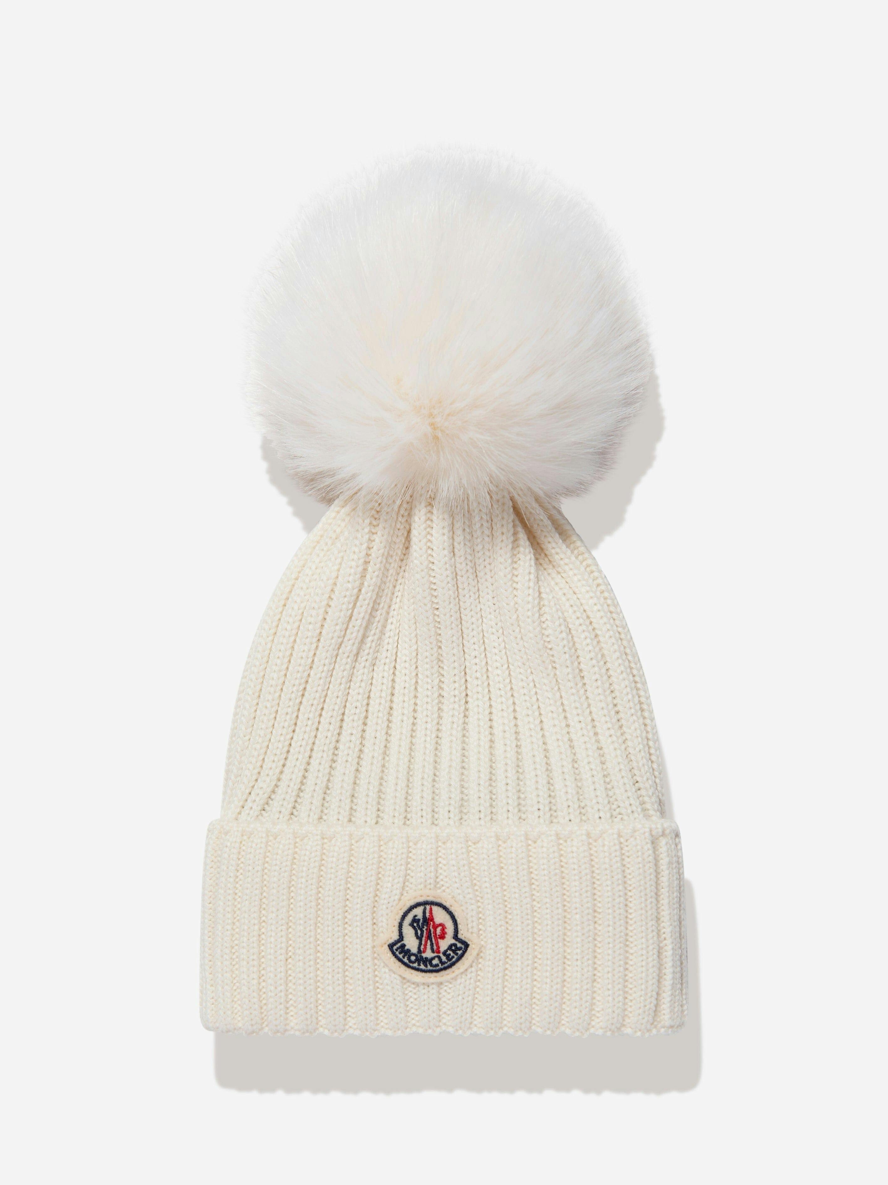 Moncler Enfant Girls Ivory Beanie With Faux Fur Pom Pom In - 6 - 8 Yrs M (52-54 Cm)