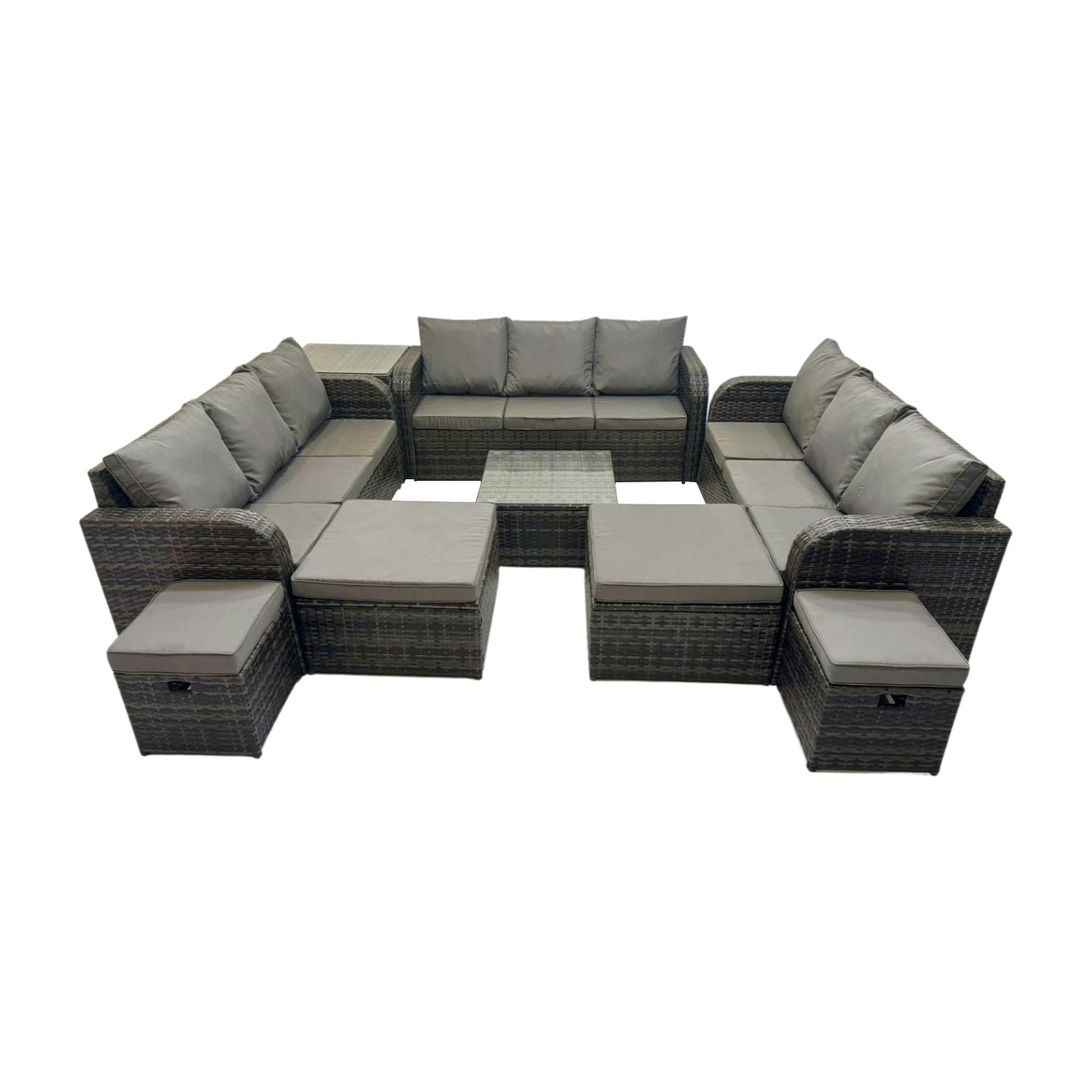 Rackhams Dark/Grey Rattan Garden Outdoor Furniture Set 3 Seater Sofa Square Coffee Table Set With 4 Stools Side Table Mixed