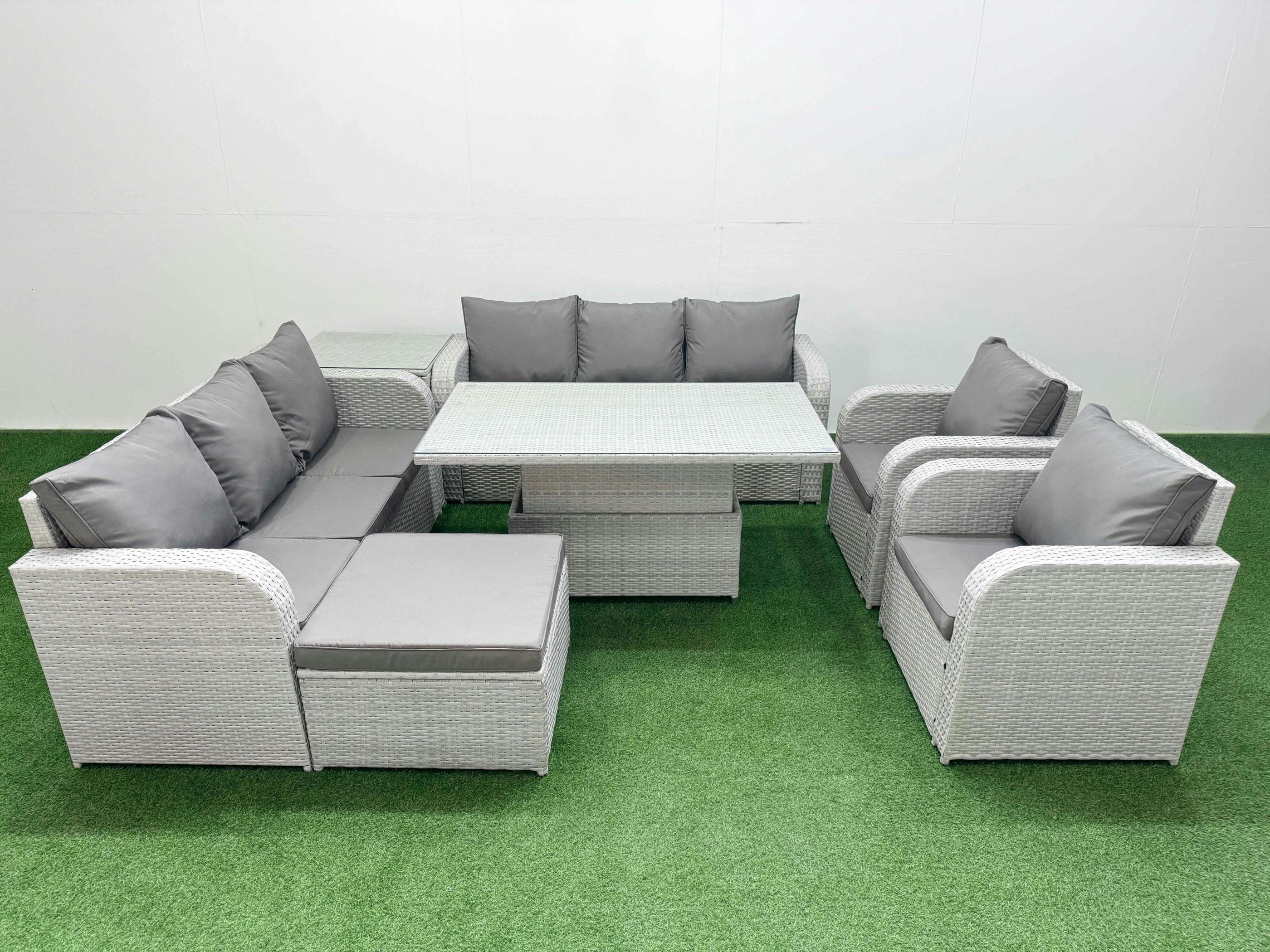 Fimous Light/Grey 5 Seater Rattan Patio Sofa Set With Adjustable Height Table, 2X 3 Seater Sofas, 2 Reclining Chairs, 1 Footstool & Side Table