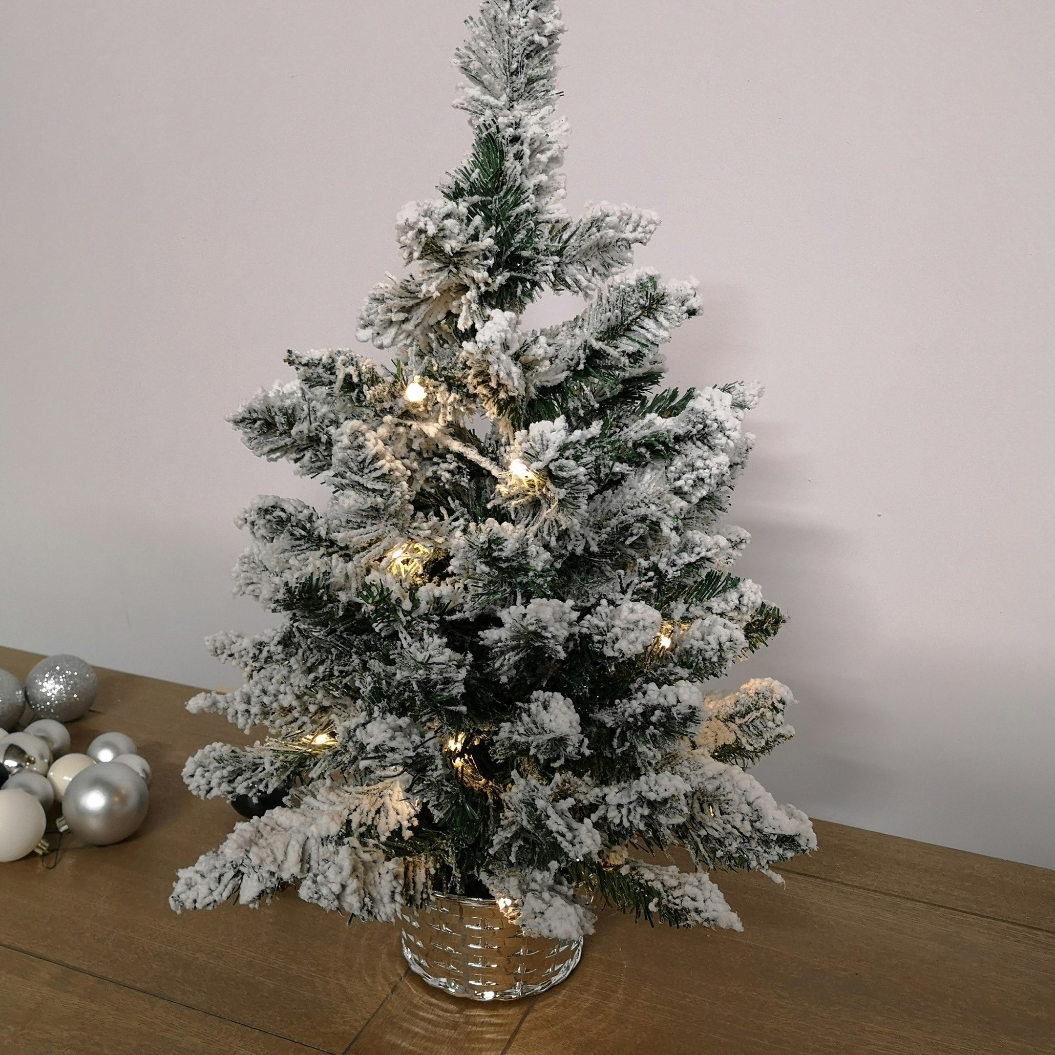 Samuel Alexander 2ft Snow Flocked Miniature Christmas Tree - Green - Battery LED with Timer - Image 4