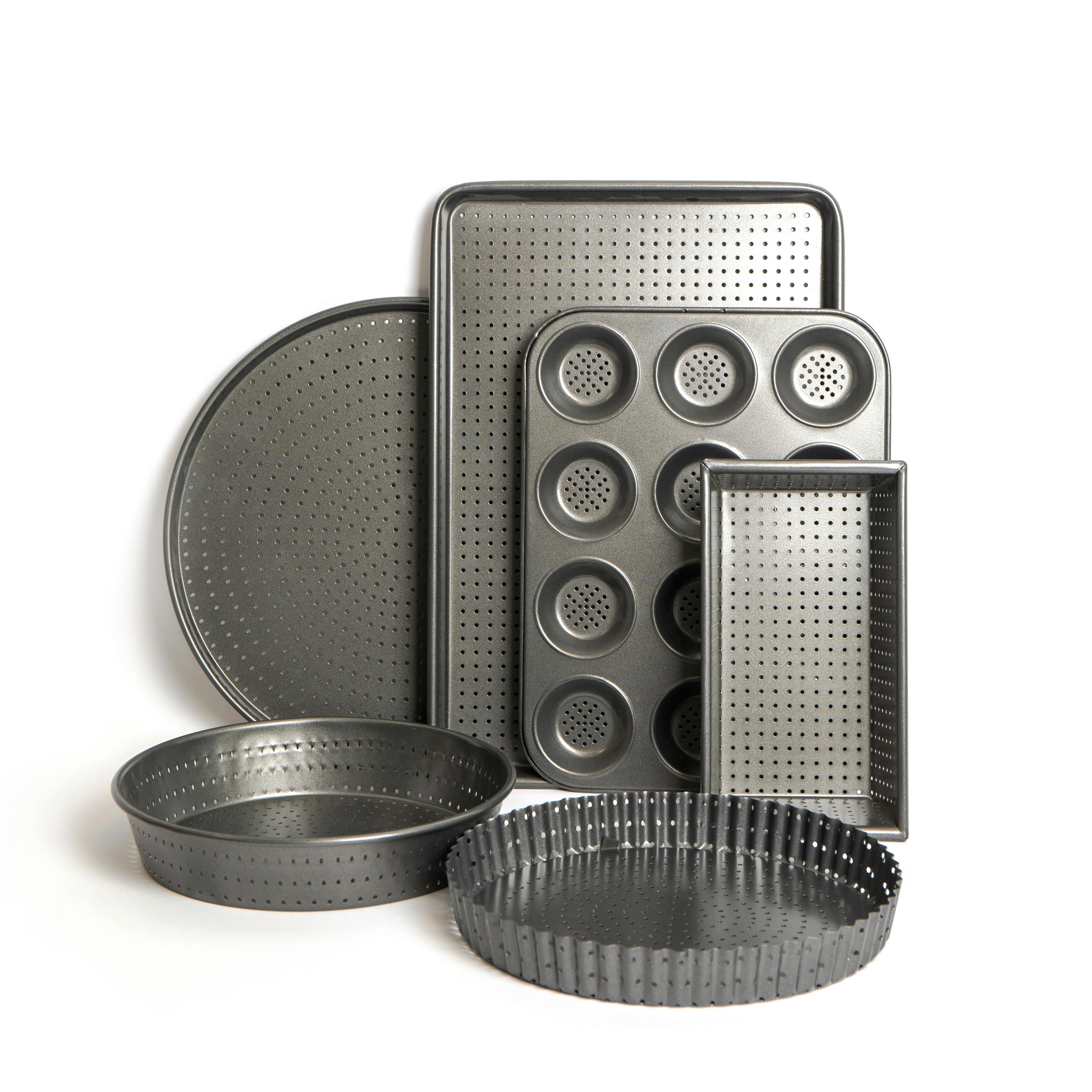 Rackhams Black 6Pc Crusty Bake Non-Stick Bakeware Set With Flan Tin, Pizza Crisper, Loaf Pan, Baking Tray, 12-Hole Tin And Pie/Tart Tin - Carbon Steel - Bakeware Sets