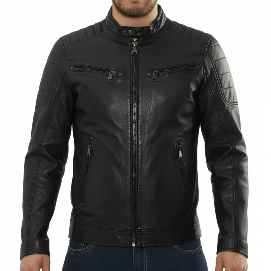 Infinity Leather Men's Black Leather Company Lambskin Leather Motorcycle Jacket Slim Fit Biker Coat - 5XL
