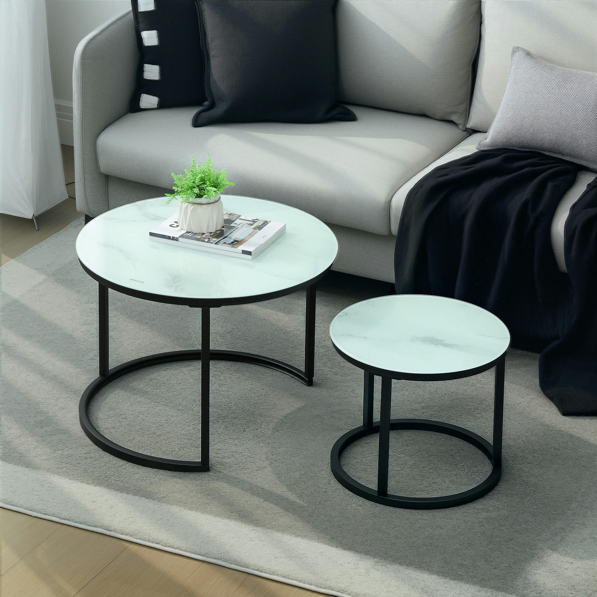 Rackhams White Glass Coffee Table Set Of 2, Round Nest Of Tables,