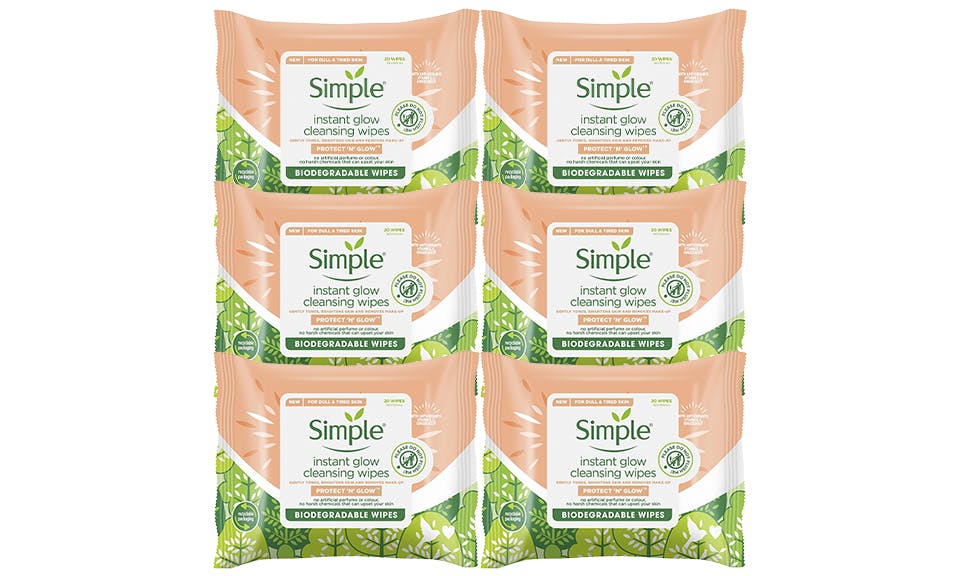 Simple Protect 'N' Glow Instant Cleansing Wipes For Dull & Tired Skin - 6 Pack
