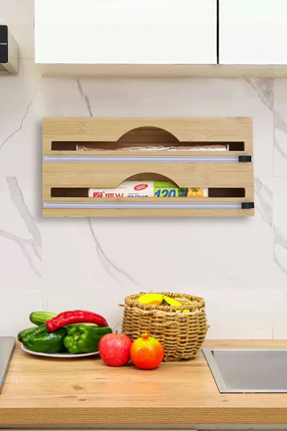 Rackhams Brown 2-Tier Wall Mounted Bamboo Wrap Dispenser With Cutters