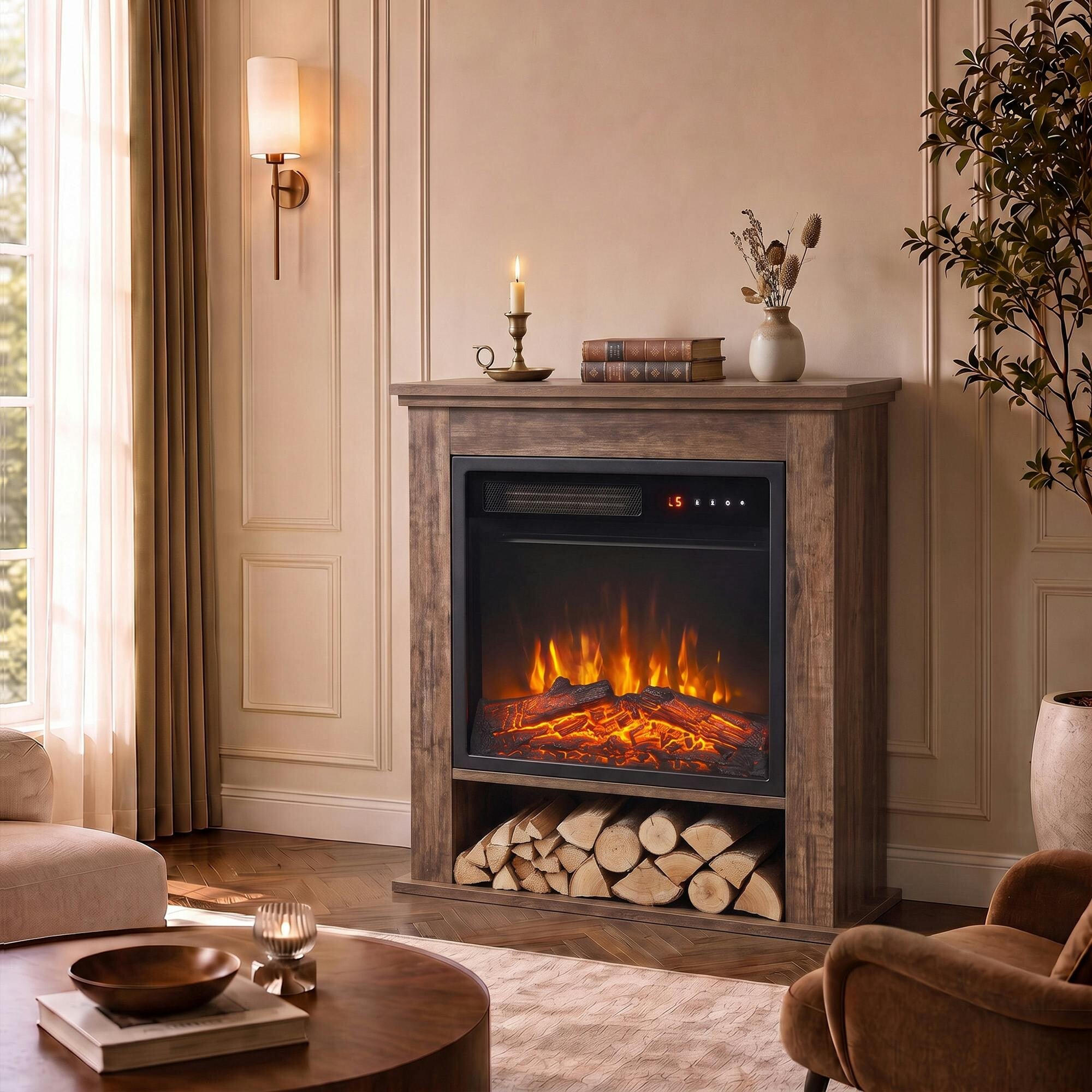 Homcom Freestanding Electric Fireplace Suite, 25" 1800W, Open Shelf, Oak - Image 4