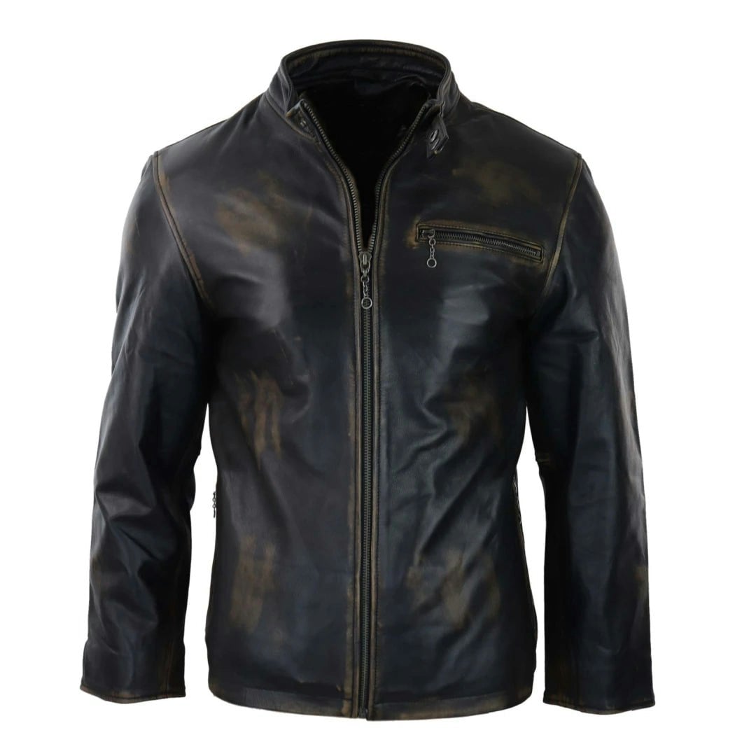 Infinity Leather Men's Black/Brown Leather Company Classic Nehru Leather Jacket Zipped Classic - 3XL