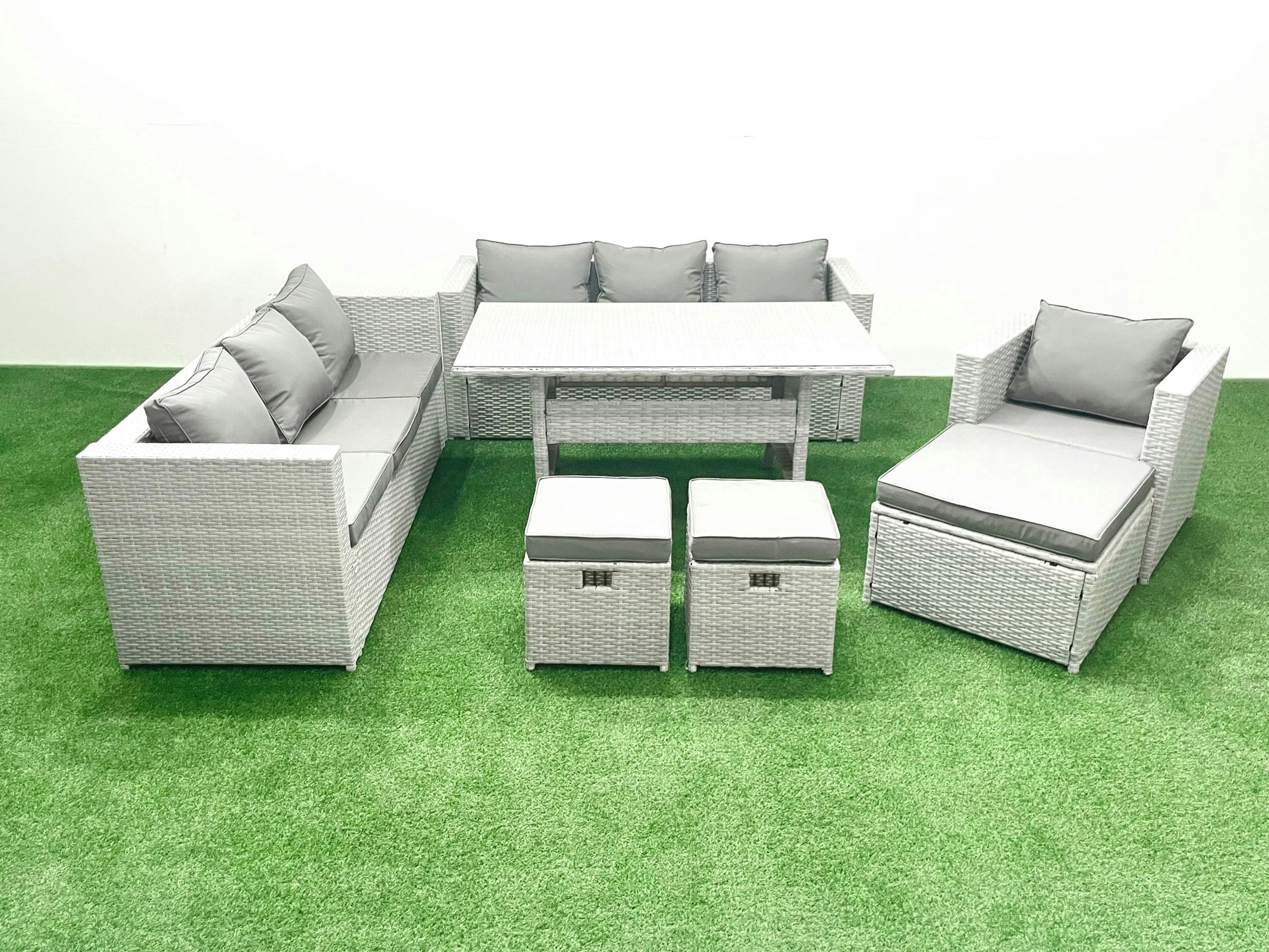 Rackhams Light/Grey/Dark 7 Pieces Outdoor Rattan Sofa Set With Cushions Patio Garden Furniture Sets With Armchair Dining Table 3 Footstools