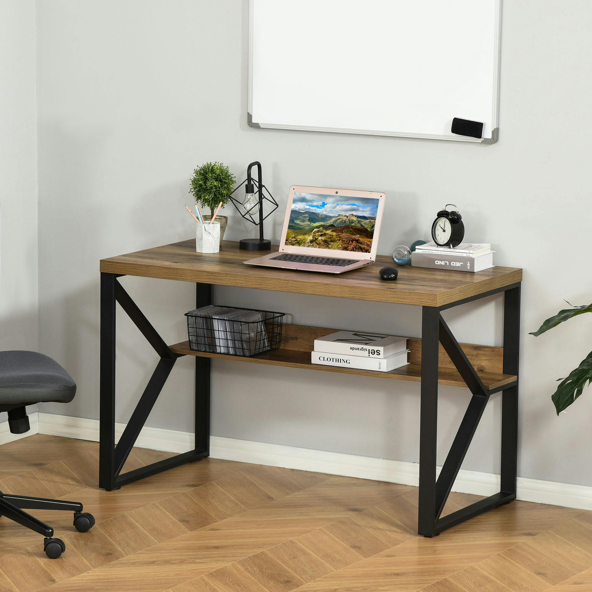 Homcom Computer Writing Desk K-Shaped Steel Leg Storage Shelf Home Office