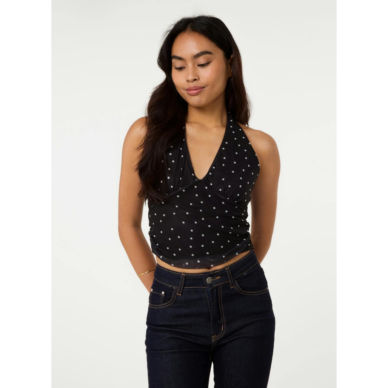 Pink Vanilla Pink/Black Vanilla Ruched Side Halter Top In Polka Dot - S
