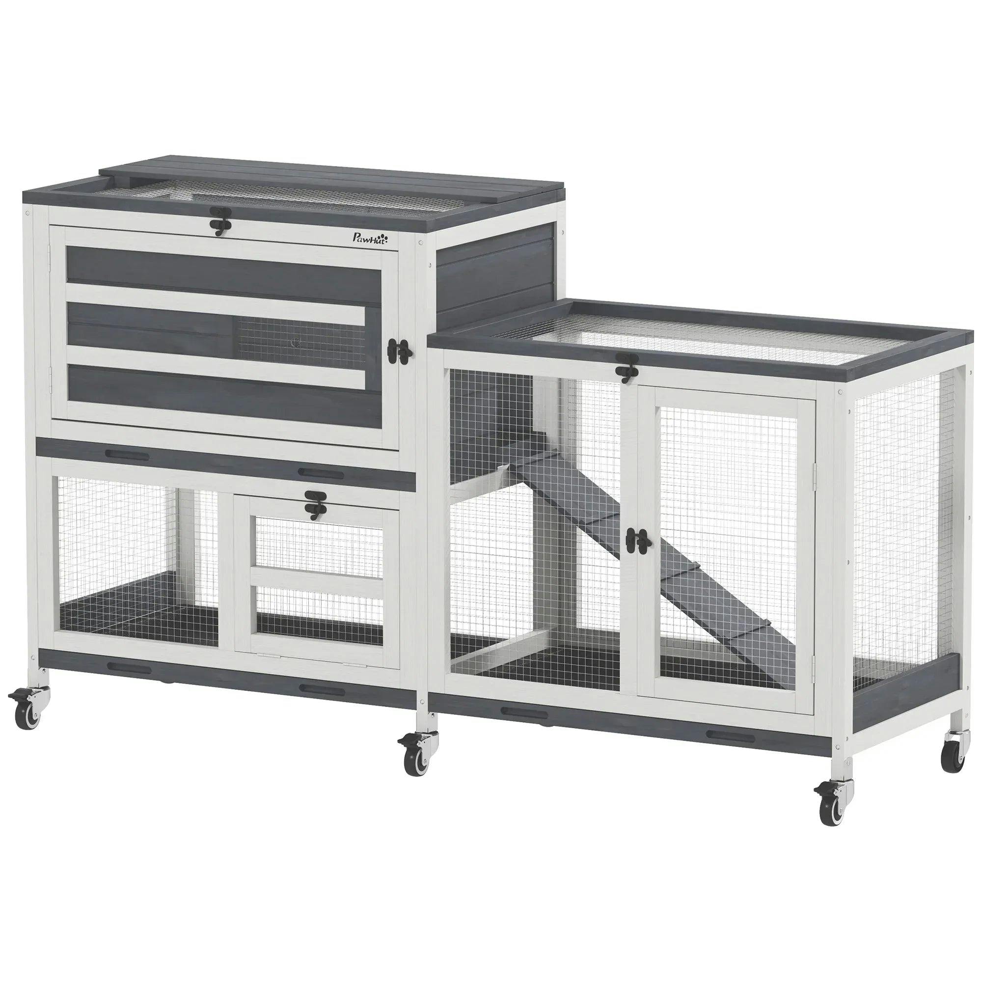 Pawhut Rabbit Hutch, 2-Tier Guinea Pig Hutch With Wheels & Trays, Grey - Image 6