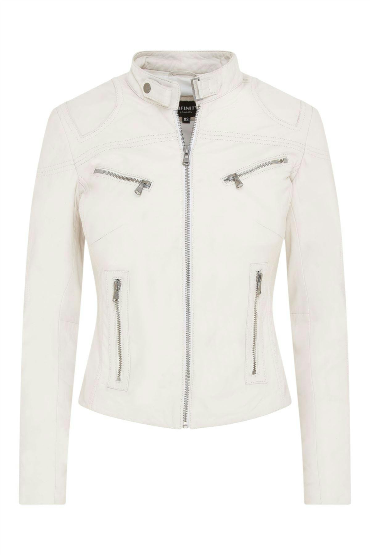 Infinity Leather Women's White Casual Slim-Fit Leather Biker Jacket-Tulsa - Uk 5XL/24 | Eu 50 | Us 20