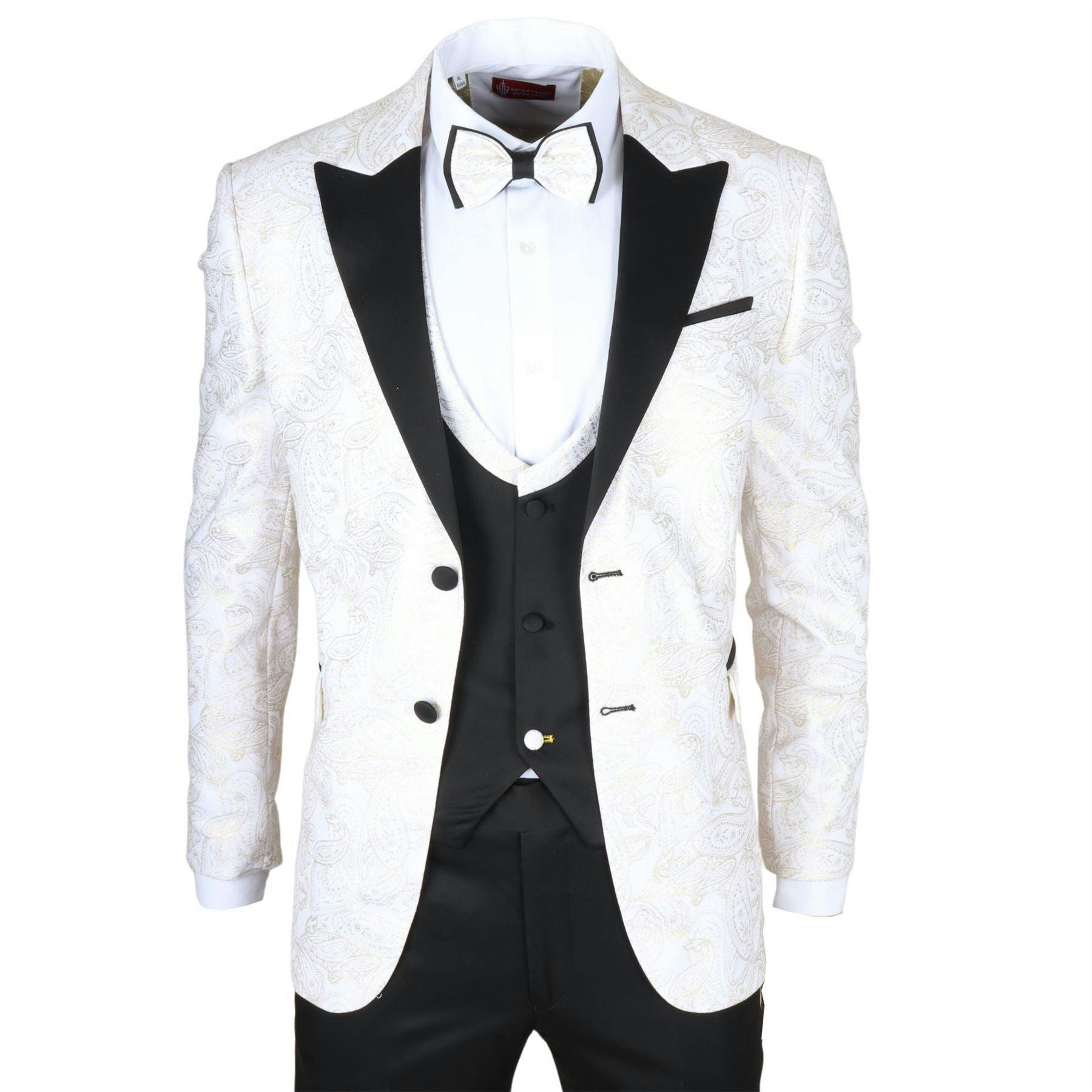 Infinity Leather Men's White 4 Piece Paisley Wedding Suit Tailor Fit - 46" Jacket 40" Trousers